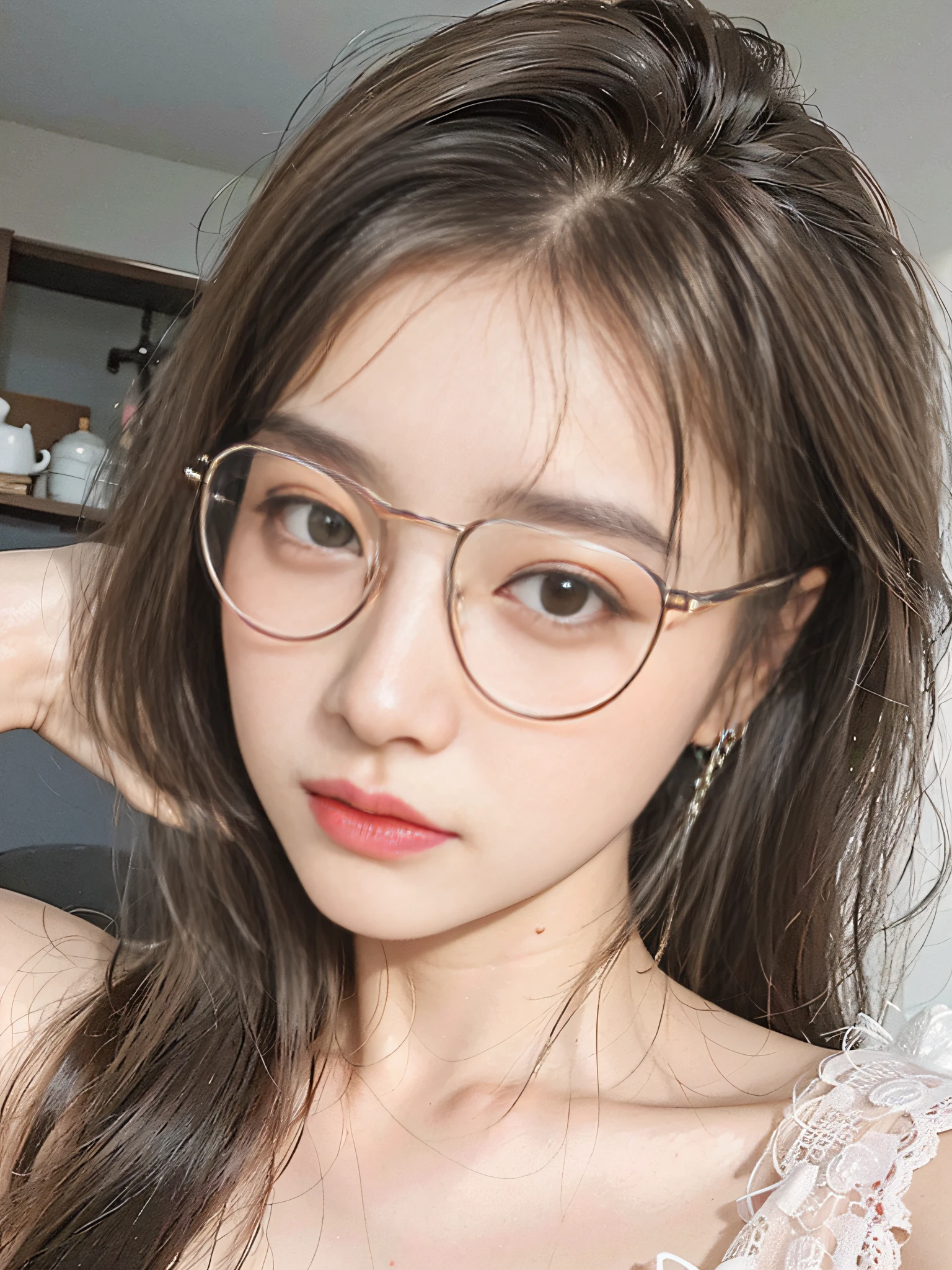 Close-up of a long-haired woman, 1 8 years old, 18 years old, 19 years old girl, Chen Xintong, Korean girl, Wu Xisen, Choi Hyun-hwa, 2 2 years old, 21 years old, Wu Erzang, Ye Wenfei, young and cute Wanya face, lips, glasses, watery big glasses