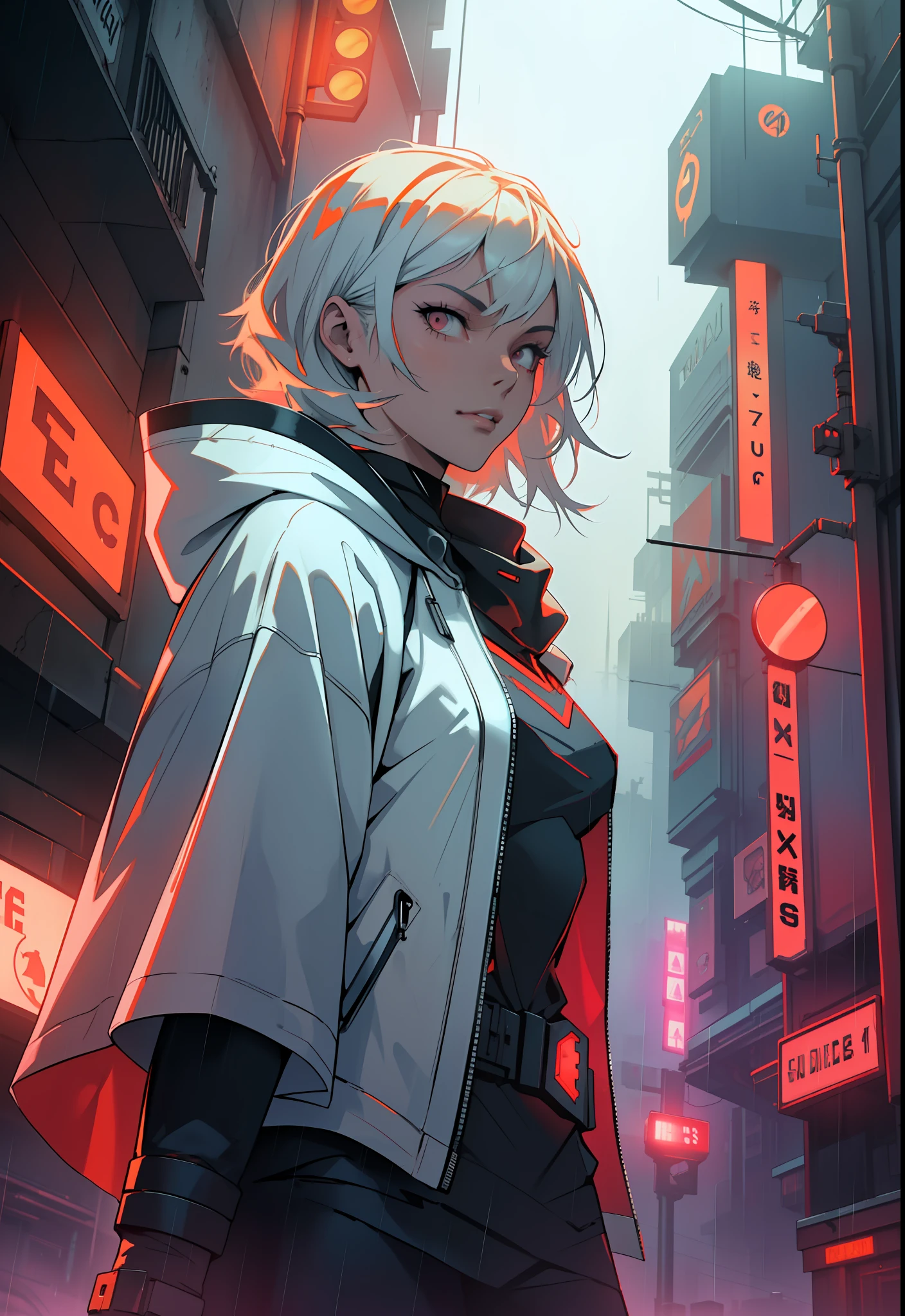 (Surrealism: 1.3), (Grady: 0.8), Natural Daylighting, Futuristic City, (Rain: 1.3), (Darkness: 1.3), (Fog: 1.2), Red Light, Orange Light, Blue Light and Girl, Cape with Hood, Light Sign, Cyberpunk Costume, Red Light, Orange Light, (Electric Color: 0.7)