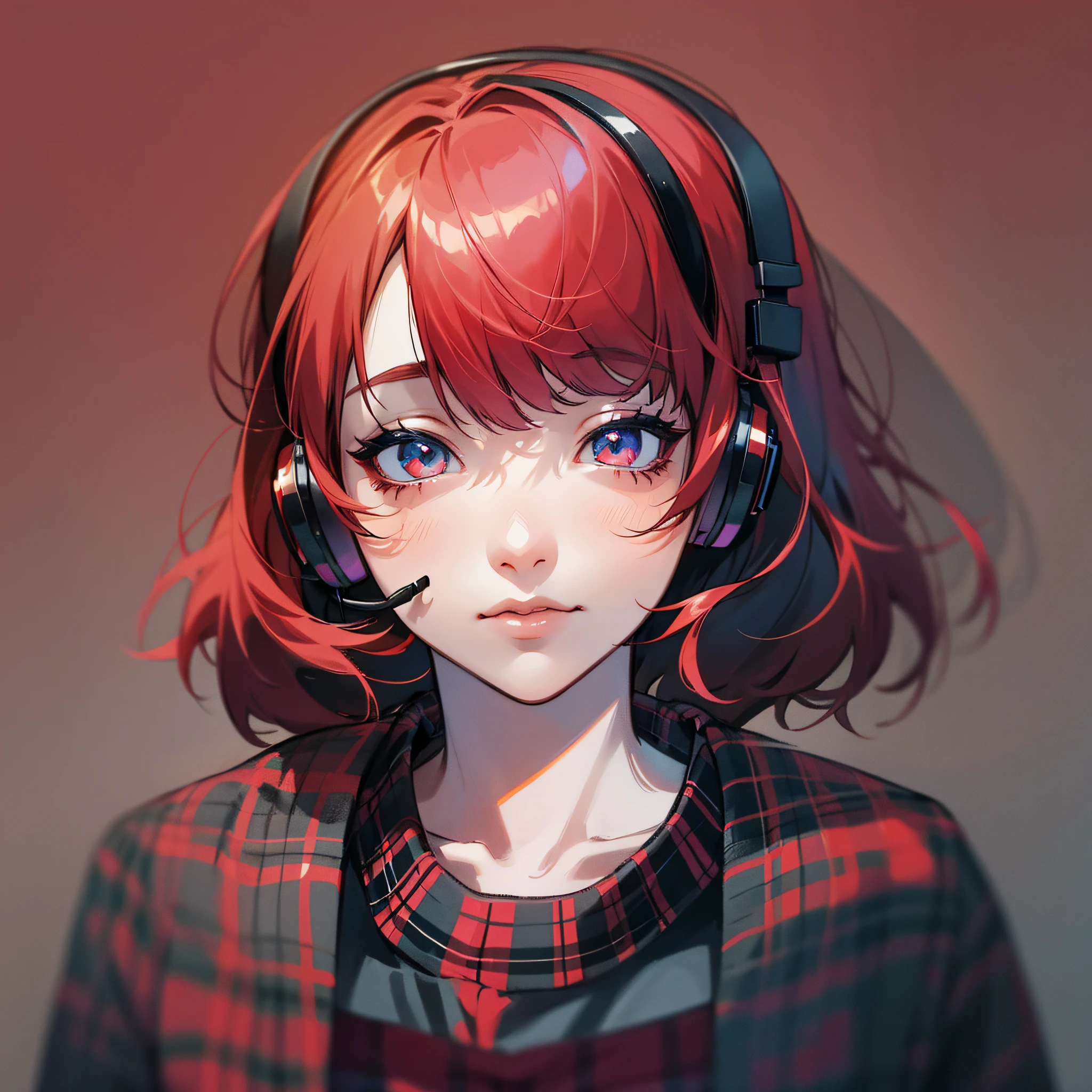 ''Emo, Emo Girl, Red Hair with Fringe, Plaid Shirt, Black Pants Headset, High Resolution, High Quality, 4k, Nice shadows --auto --s2