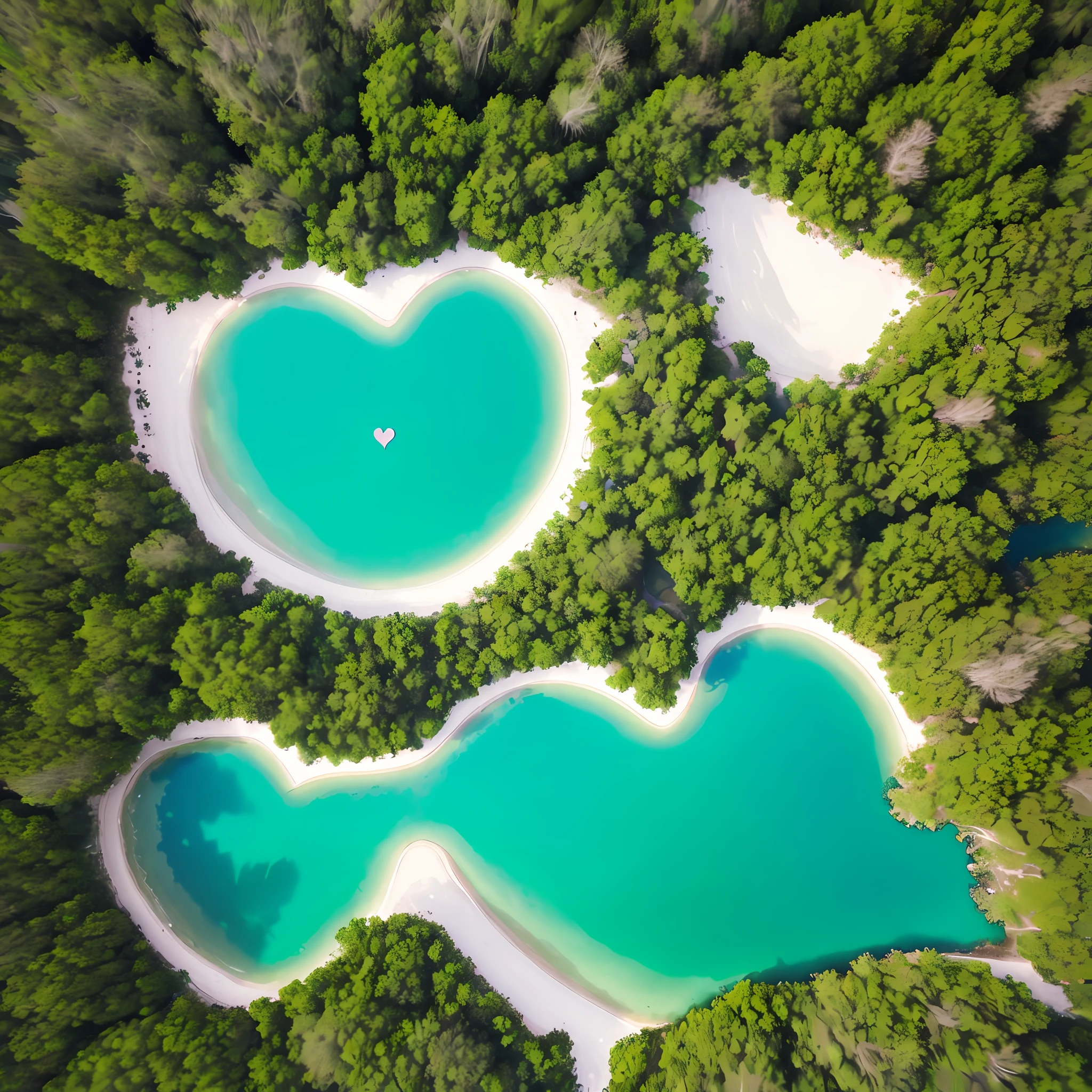 lake in the shape of a heart in a tropical forest, sunset, vibrance, realistic, HQ, hd, 8k, seen from above, drone view, heart shaped, white sand