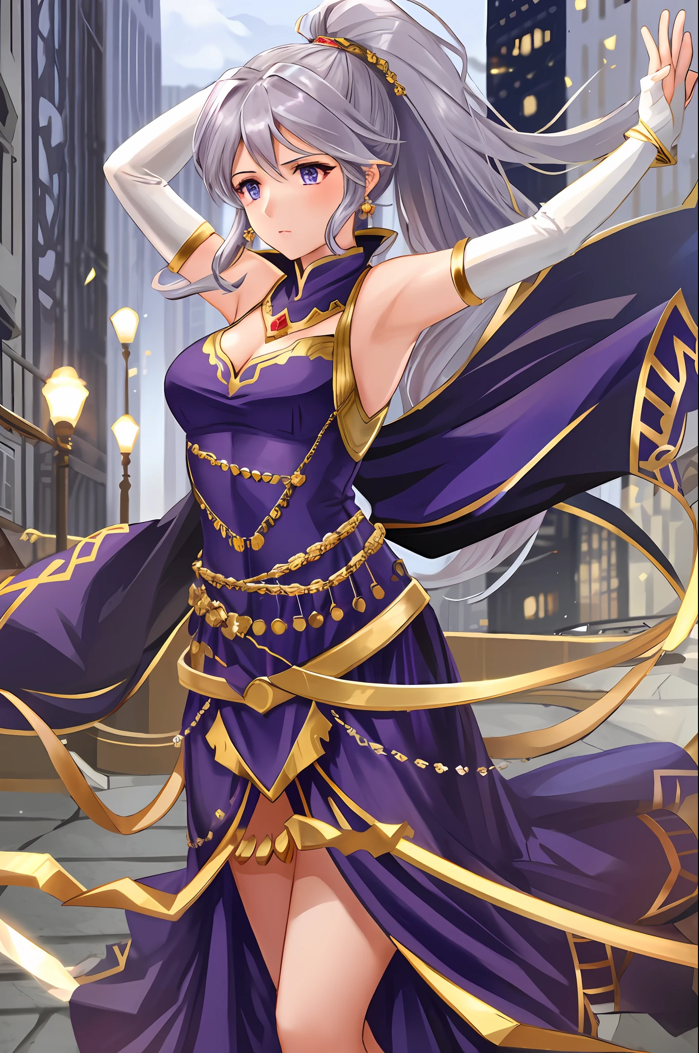 ishtar fe, 1girl, solo, long hair, gloves, dress, cleavage, jewelry, medium breasts, ponytail, earrings, armor, angry, armpits, squatting, arms raised, white gloves, urban background(city), city, skyscrapers