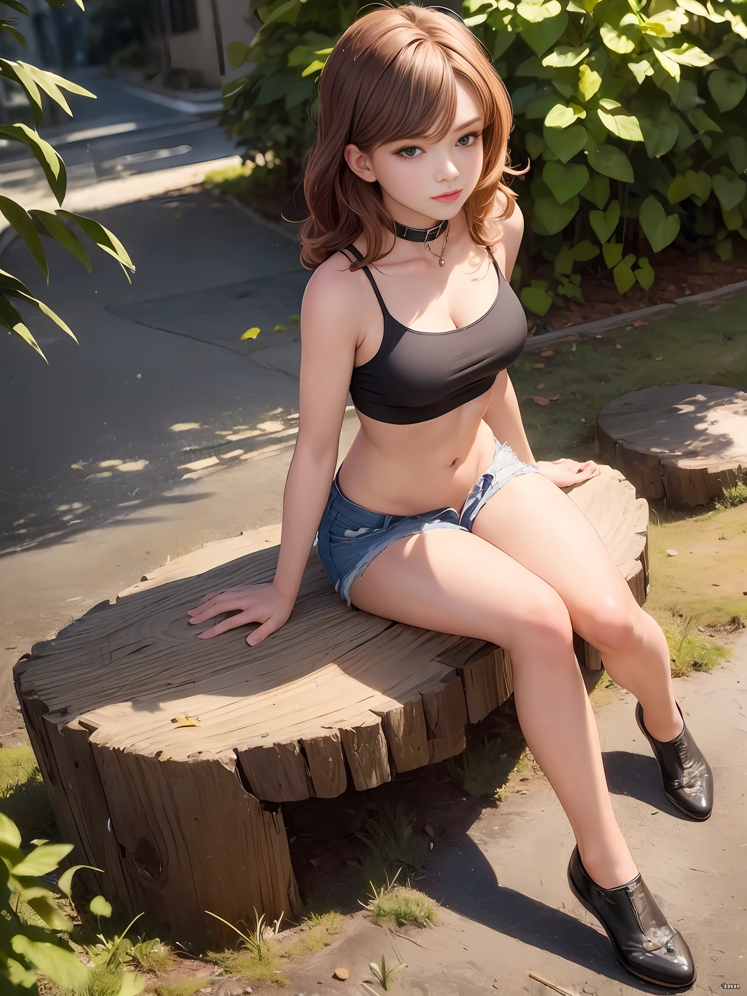 ((Tremendously large breasts))), ((Tomboy, small head)), Sunlight, Nikko, (Chiseled abs: 1.1), (Perfect body: 1.1), (Short wavy hair: 1.2), Reddish brown hair, collar, chain, full body shot, crowded street, black tank top, jeans jacket, ((Shorts, sitting, legs open)), (CG 8k wallpaper, very detailed CG), ( Very delicate and beautiful), (masterpiece), (Best Quality: 1.0), (Ultra High Definition: 1.0), Beautiful lighting, perfect lightning, realistic shadows, [High Definition], Detailed skin, Ultra detailed
