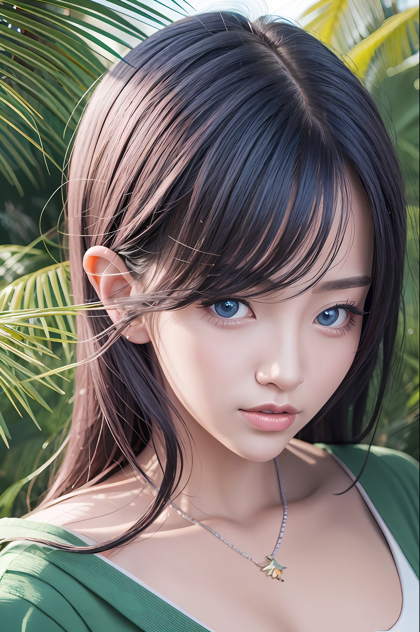 Top Quality, Ultra High Definition, (Realistic: 1.4), (Detailed Beautiful Girl: 1.4), (Medium: 0.8), Viewer, Detailed Facial Details, Beautiful and Detailed Eyes, (Blue Hair | Pink), Green Eyes, Smile (Makeup: 0.4), Red Lips, (Full Body, Seated, Beach), Highly Detailed Clothing, (ulzzang-6500-V1. 1:0.3) \ From behind