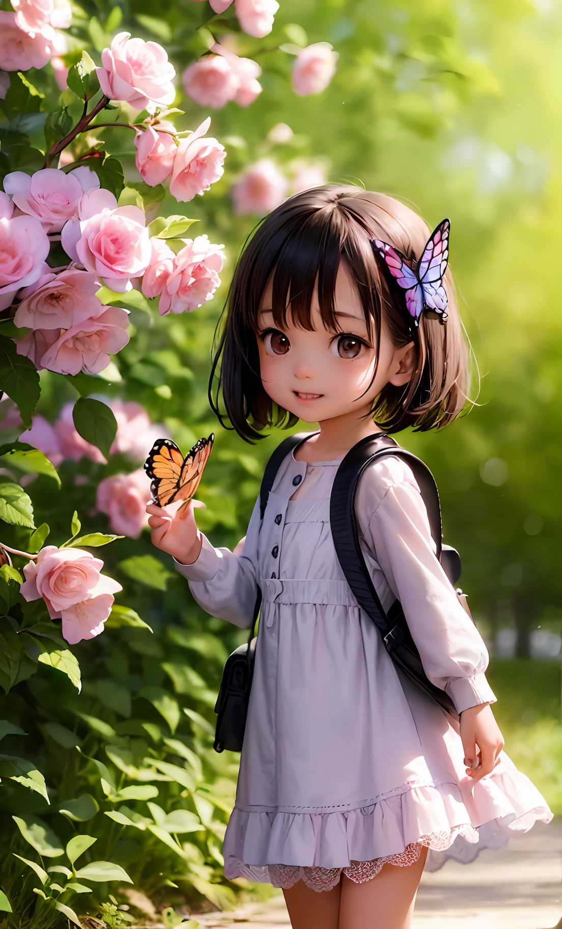 An incredibly charming carrying a backpack, playing with her adorable puppy, enjoying a beautiful spring walk in the park, gorgeous pink flowers and natural landscapes. The illustration is in high definition in 4k resolution, with highly detailed facial features and cartoon-style visuals, (Butterfly Dance)
