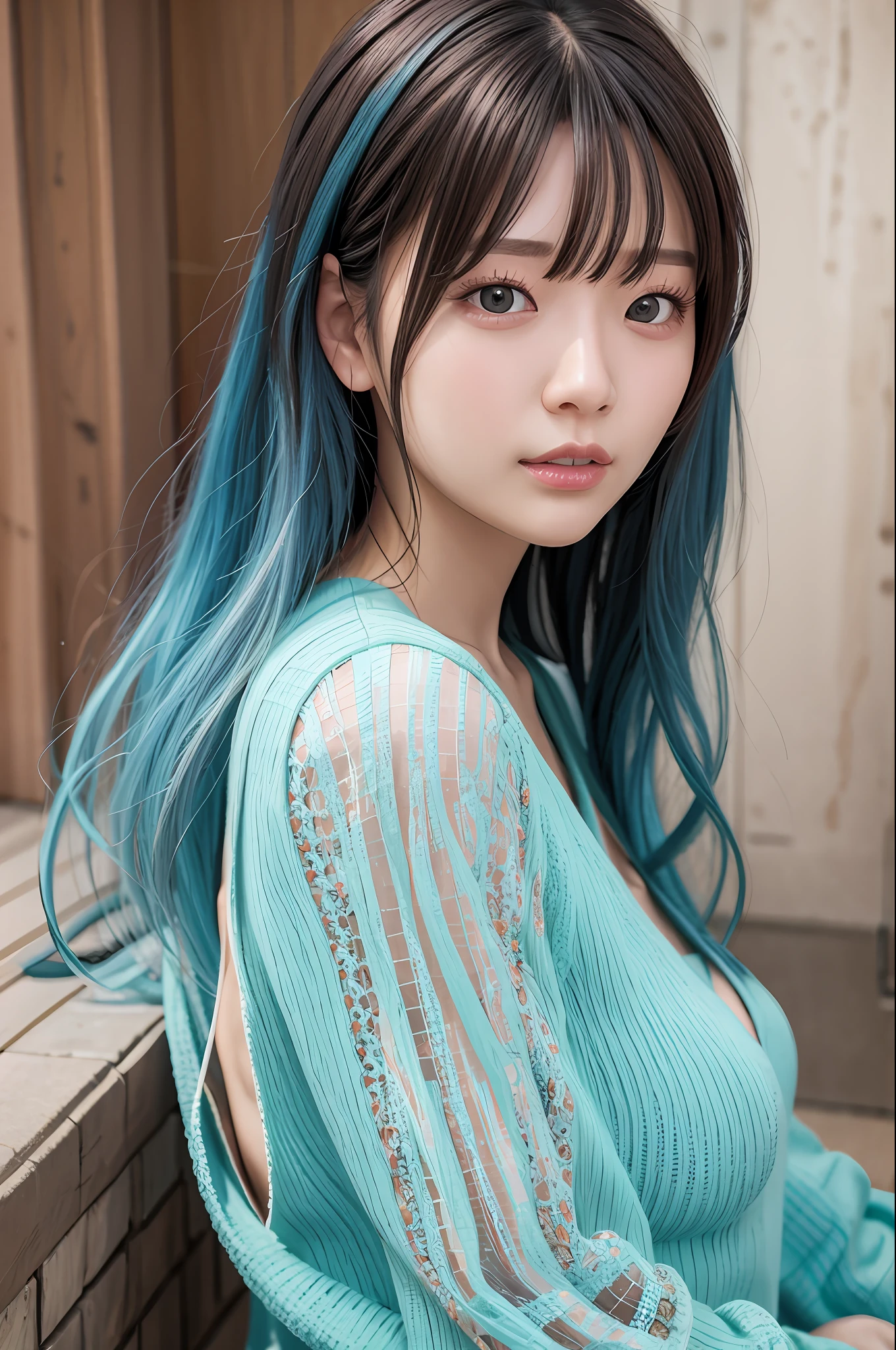 Top Quality, Ultra High Definition, (Realistic: 1.4), (Detailed Beautiful Girl: 1.4), (Medium: 0.8), Viewer, Detailed Facial Details, Beautiful and Detailed Eyes, (Blue Hair | Pink), Green Eyes, Smile (Makeup: 0.4), Red Lips, (Full Body, Seated, Beach), Highly Detailed Clothing, (ulzzang-6500-V1. 1:0.3) \ From behind