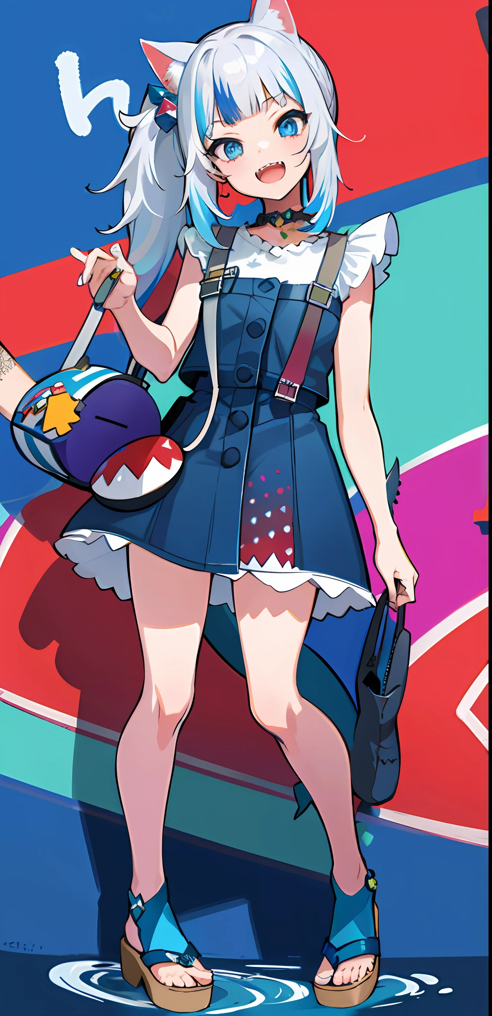 masterpiece, high quality, houshouBikini, highres, absurdres, ultra-detailed, detailed eyes, 8k, ti-emb_kobo-kanaeru, 1girl, colorful eyes, fangs, open mouth, bangs, colorful background, looking at viewer, vibrant, contrast, gradient hair, happy, graffiti wall background, water splash, close up, small breast, 2d, masterpiece, best quality, anime, highly detailed, full body, 1girl, solo, gura_neko, blue dress, cat ears, side ponytail, cube hair ornament, sandals, :d, sharp teeth, shark tail, shoulder bag, shore town