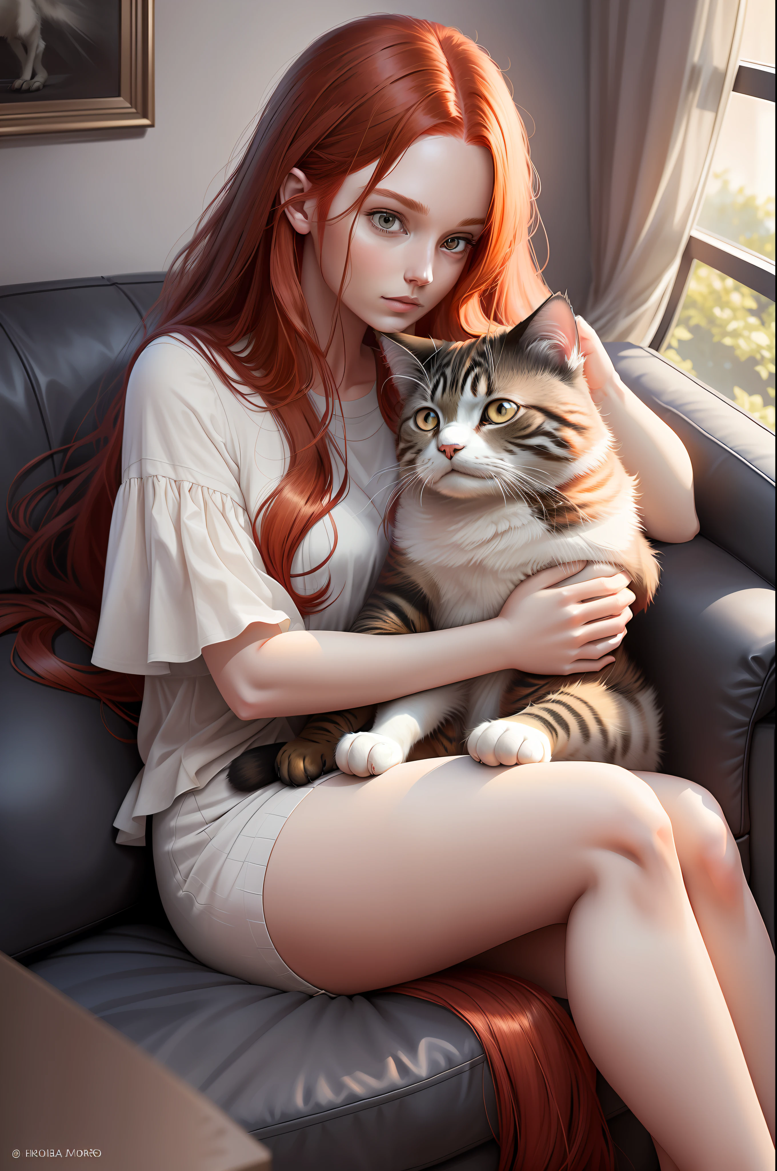 There is a red-haired woman, long hair hugging a cat, sitting on the couch, realistic drawing, 8K, HD, ultra quality, maximum quality