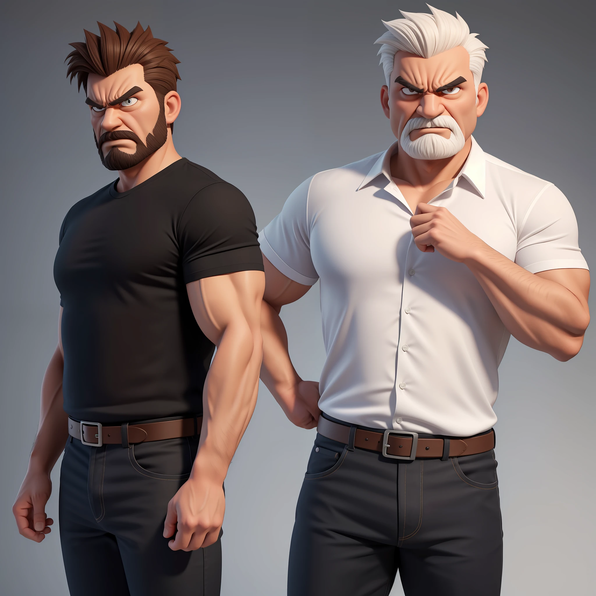Create an 8K cartoon of an angry, full-body, well-muscled old man in a white shirt. Make sure the resulting image has a cartoonish look, with vibrant colors and smooth edges. Add details to give the old man an angry look, such as furrowed brows and a tight mouth. Make sure that the black shirt striped with white is an important element of the image, and add details to make it attractive and interesting. Add textures and details to make the image more realistic, such as the appearance of the shirt texture and the appearance of the skin. Make sure the resulting image is high resolution, 8K quality." —c 10 —ar 2