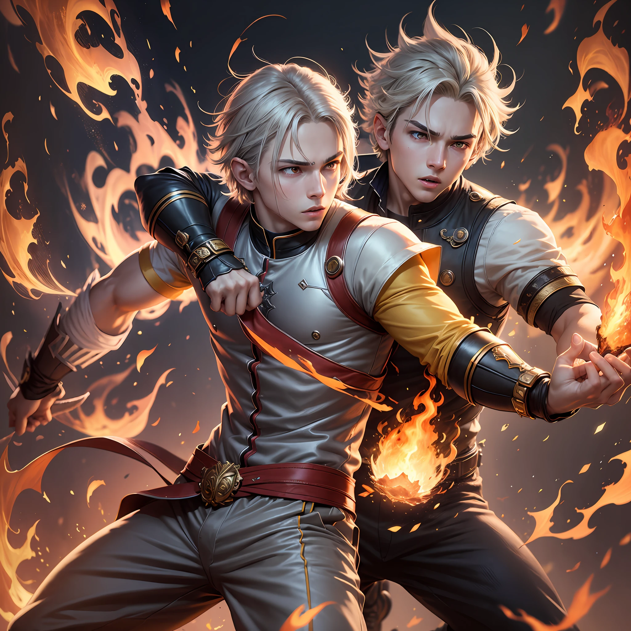 Drawing, Fantasy, Realism, Epic Lighting, Cinematic Composition, Isometric, Duet, Wrestling, Dynamic Pose, Solo Guy 13 years old, light gray hair, yellow eyes, sleeves covered with fire, (rich in details), dressed in shirt and pants, detailing clothes, solo guy on fire, detailing masterpiece, Tyndall effect, (balance and coordination between all things), fire, fiery breeze, particle effects, flame, (8k:1.1) --auto --s2