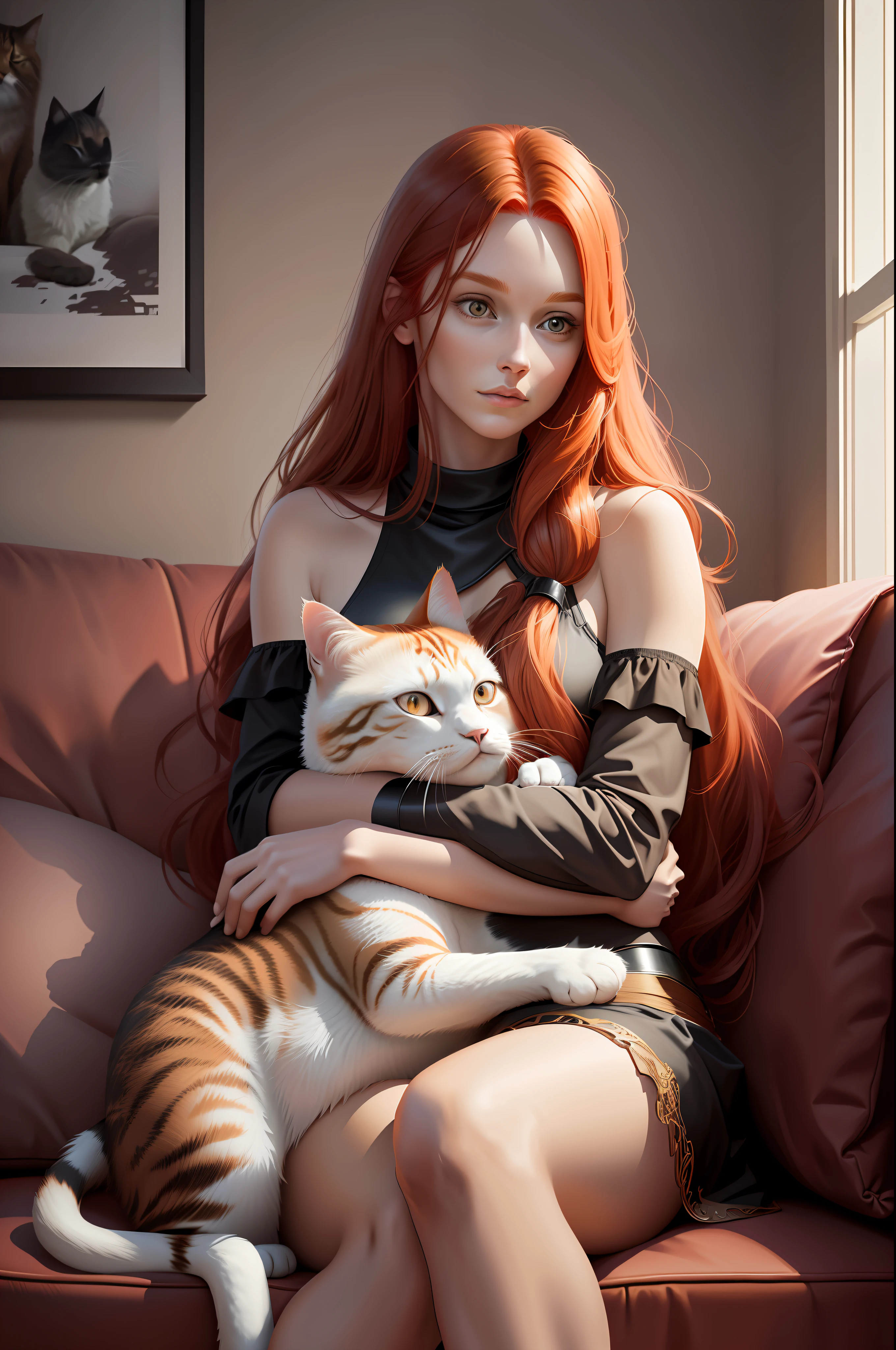 There is a red-haired woman, long hair hugging a cat, sitting on the couch, realistic drawing, 8K, HD, ultra quality, maximum quality