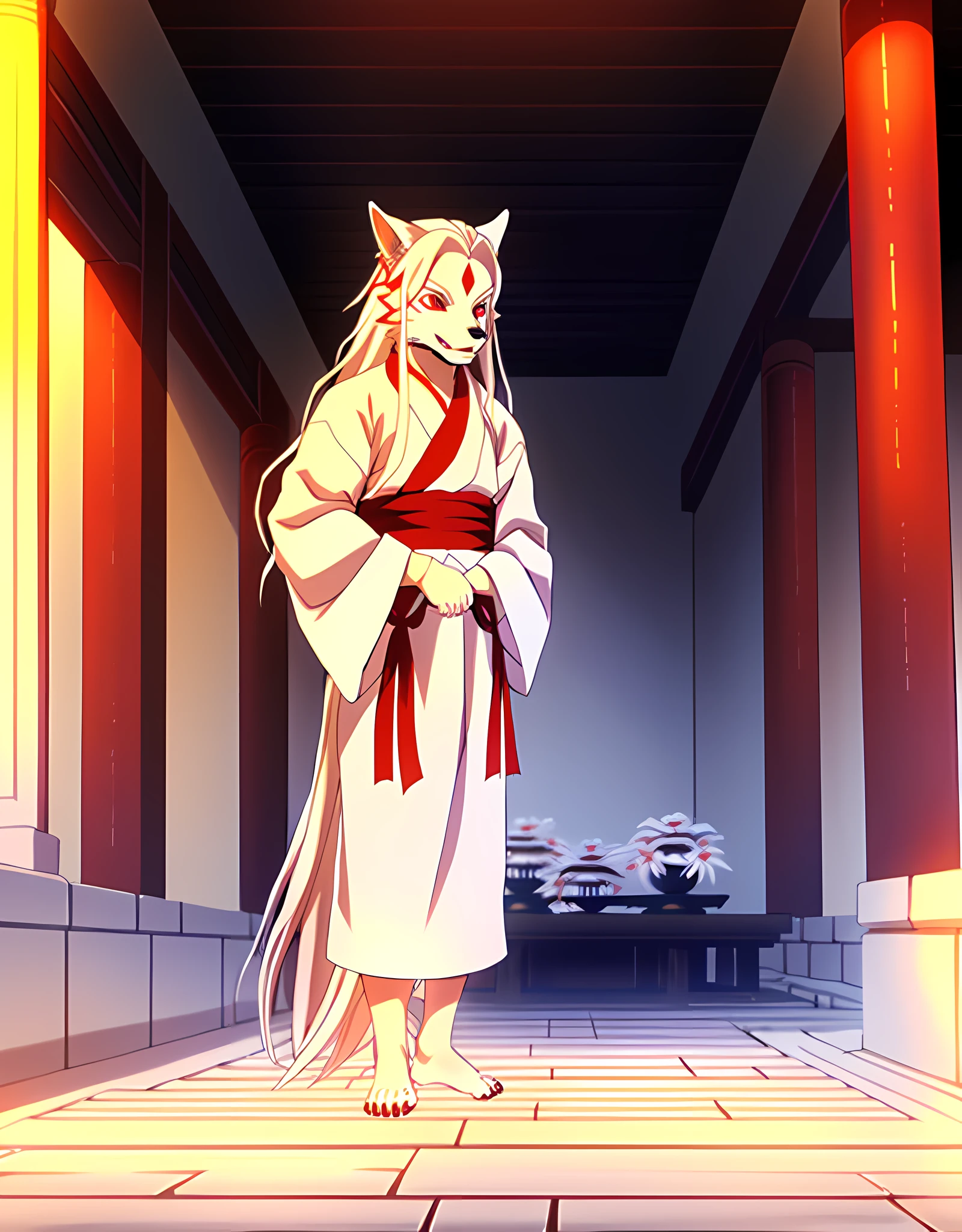 1male, male, solo focus, solo, kimetsu no yaiba style, anthro wolf male with very long hair, knee length hair, albino, white body, white hair, white fur, red eyes, wearing fancy black kimono, standing in temple during the day, red spider lily blooming in foreground