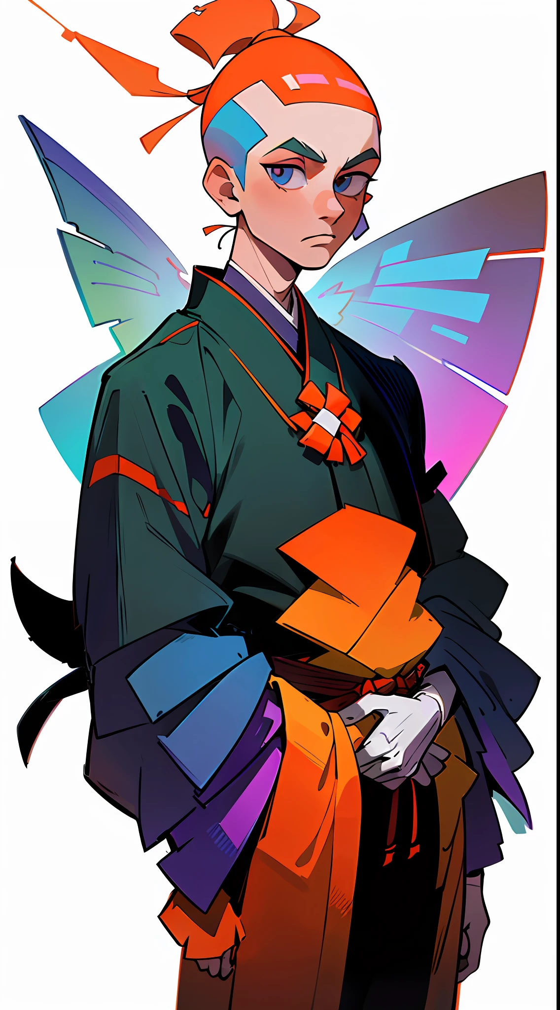 ((frontal face,front view)),upper body, colorful cyber kimono,((32k, 8k, masterpiece,high quality)), a man,((skin head)),((upright)), solo,1man,cowboy shot,full body,looking at biewer,((white background,simple background))