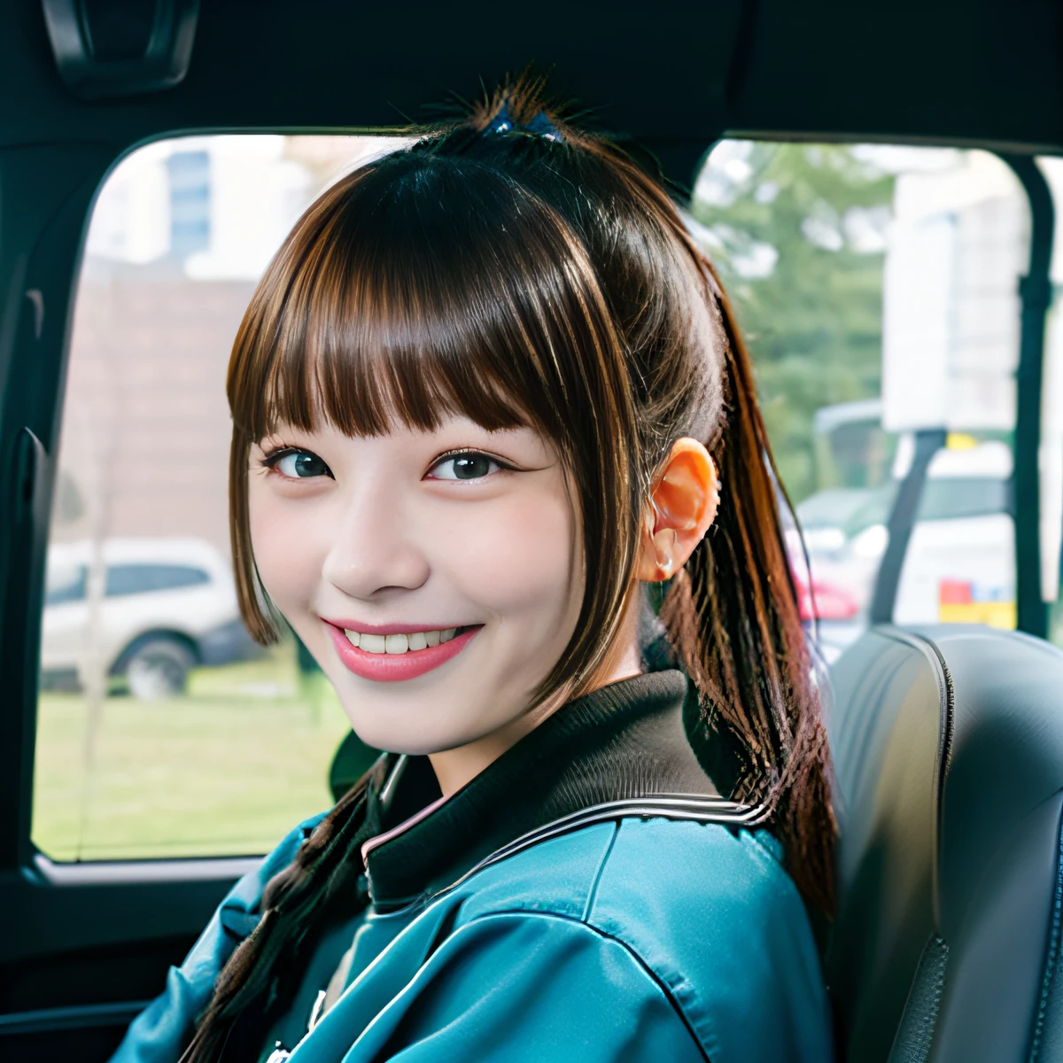 8K,High Definition,Large Bus Purchasing Car,Latest,Futuristic,Living Space,Luxury Interior,Private,Photoreal Stick,Real Photo,,Campsite,Cute,Smile,Ponytail,Bangs,Japan Girls,Wears Girls,