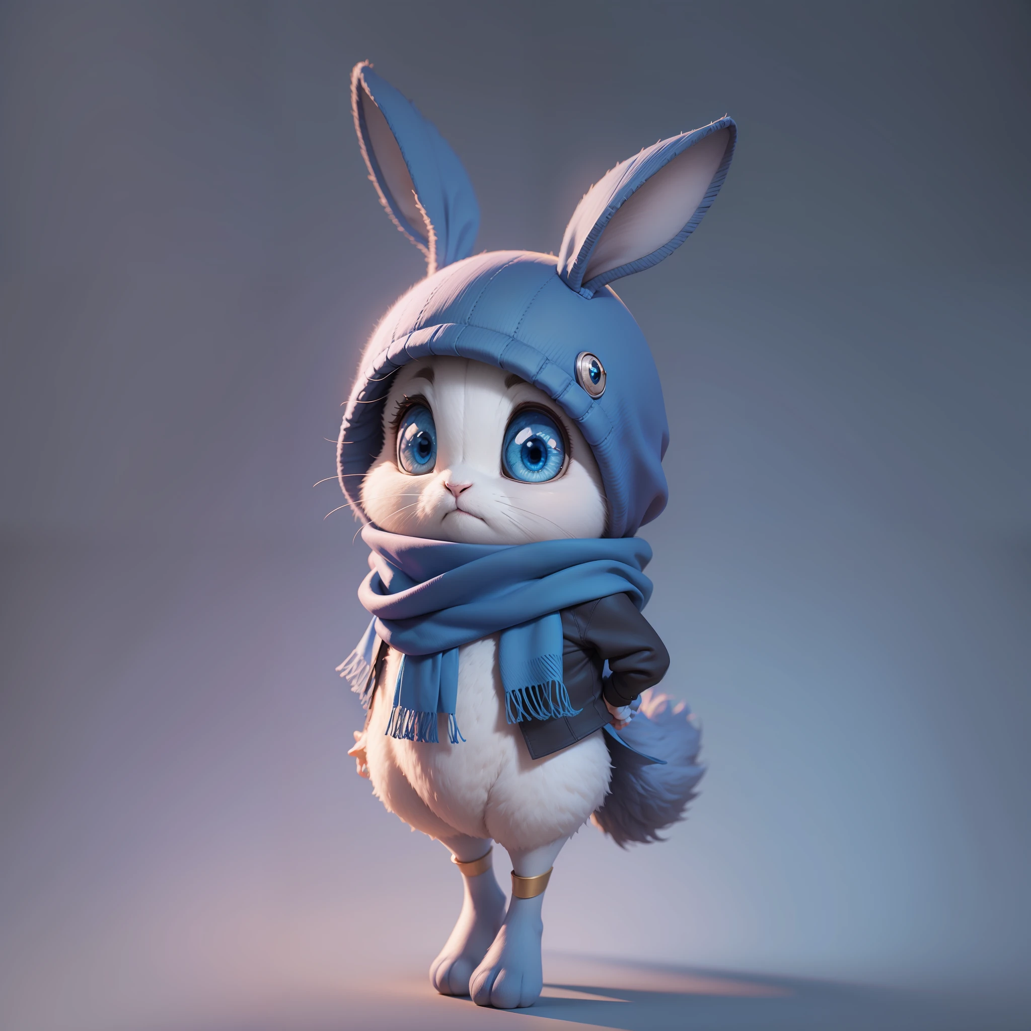 Blue scarf rabbit 3d image, full body, big eyes, happy, solid color background, Pixar, complex details, High Details, portrait, cute 3d, detailed digital art, stylized 3d rendering, 3d rendered 8k art, beautiful digital painting, disney 3d style, super detailed and cute rendering