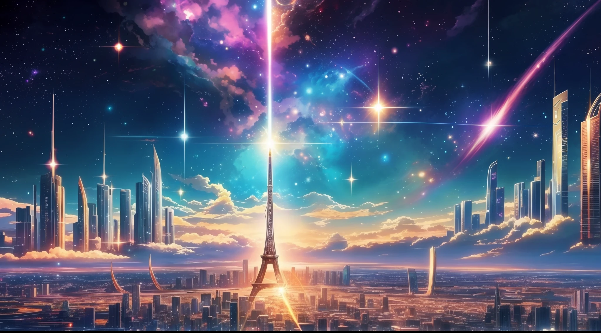 wallpaper , anime style , artwork , universe , anime style , 8K , GALAXIA and cities , hyperrealistic