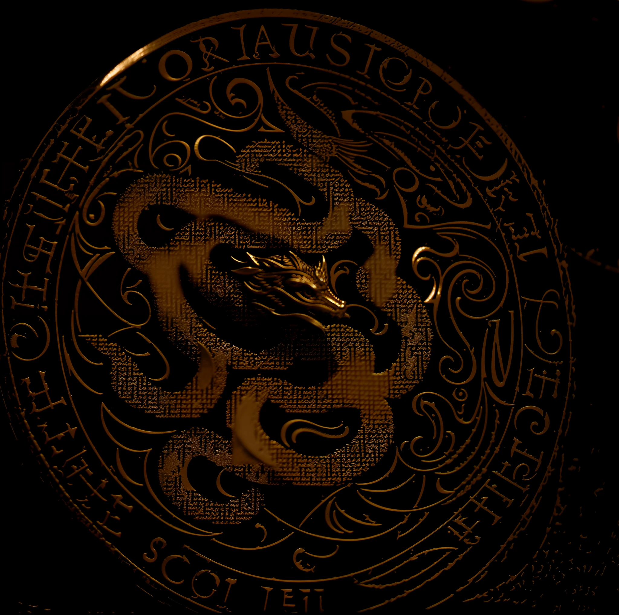 Close up of a coin with a dragon, Arabic script, secret society coin, coin, depicted in 3 D, front view, engraving