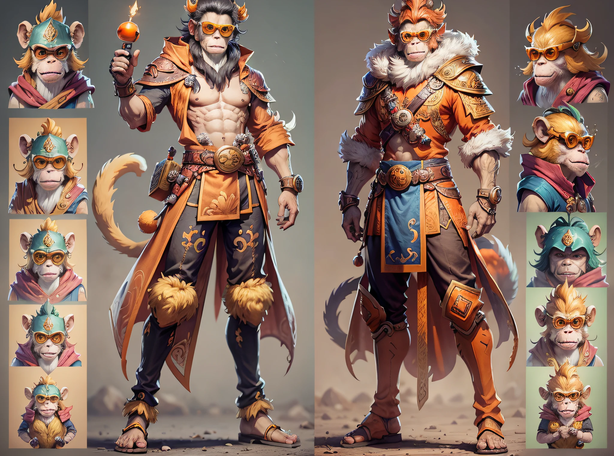 Tips: Character Flip Table, Three View, Full Body Shot, Game Character Design, Monkey in Sunglasses, Monkey King, Orange Background,-- AR 16:12 - Style Expressiveness