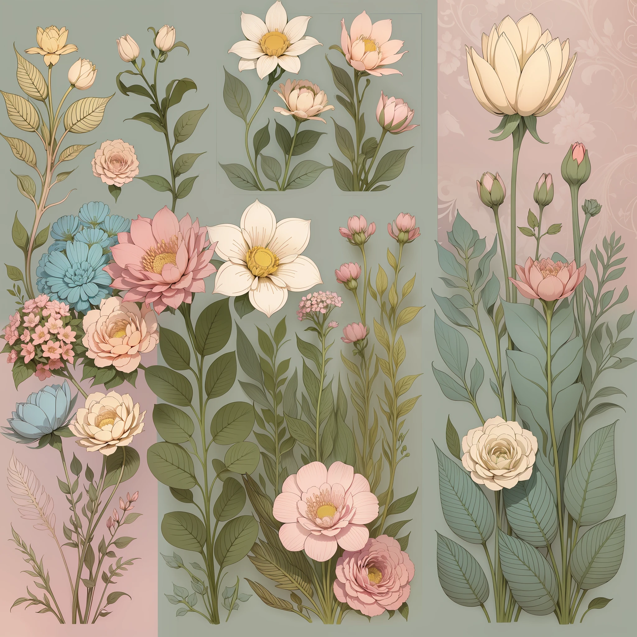 Set pattern of large flowers with plants and vines, defined shape, flat style, vector style, drawing style, naïve style, wallpaper style, in soft pastel colors such as old pink, pastel blue, light blue, beige, pastel violet, pastel yellow and white. No shadows in the images.