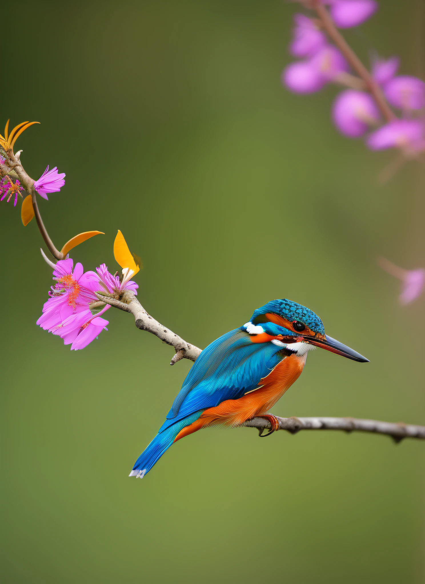 There is a kingfisher sitting on a branch with flowers, highly realistic photo, trending at 5 0 0 pixels, trending at 500 pixels, beautiful nature, beautiful photo by Matija Jama, nature photo, kingfisher f cgsociety, by Liang Kai, colorful kingfisher with a very long, very beautiful photo, by Juergen von Huendeberg