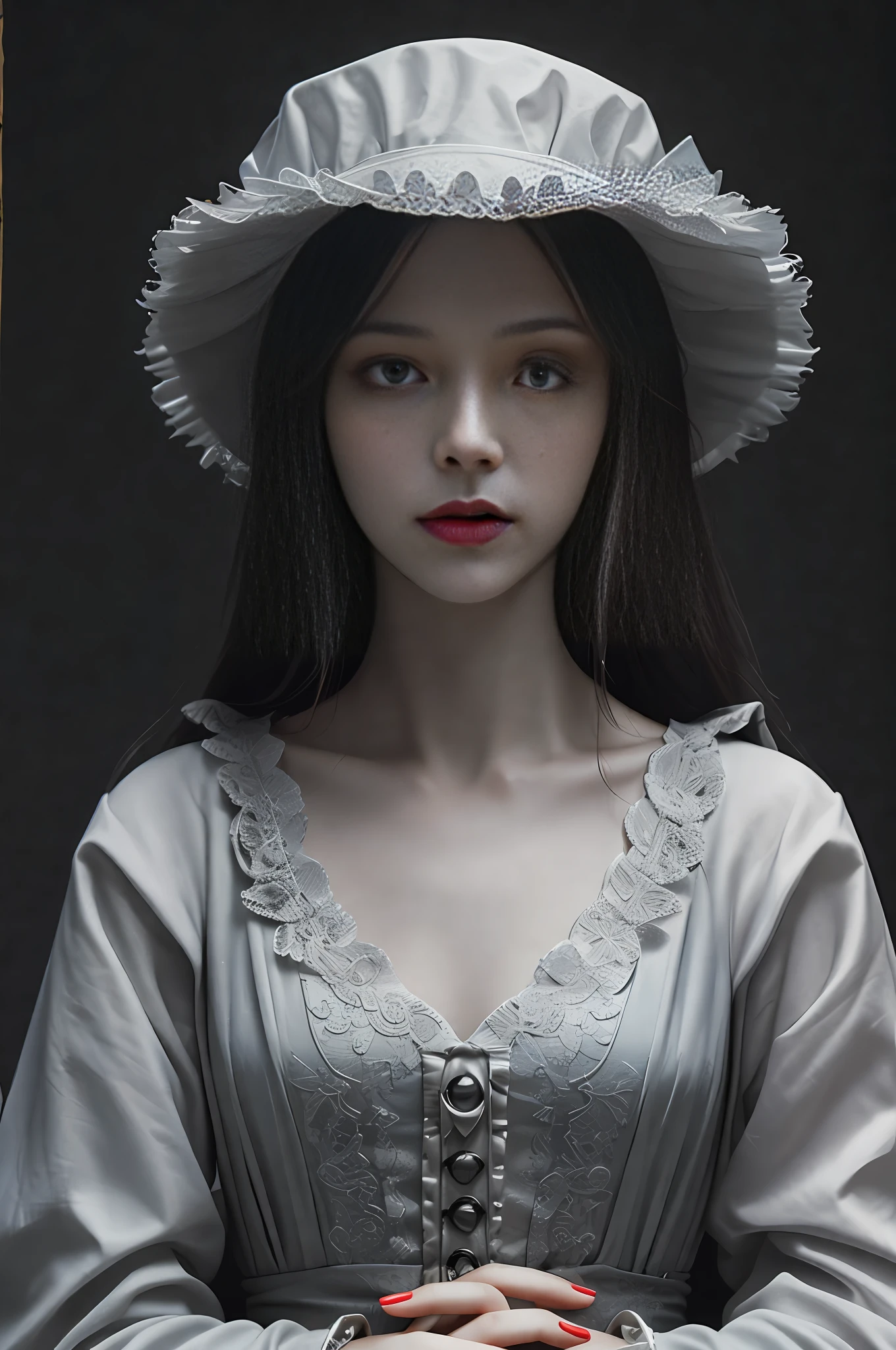 Red eyes, symmetrical hands