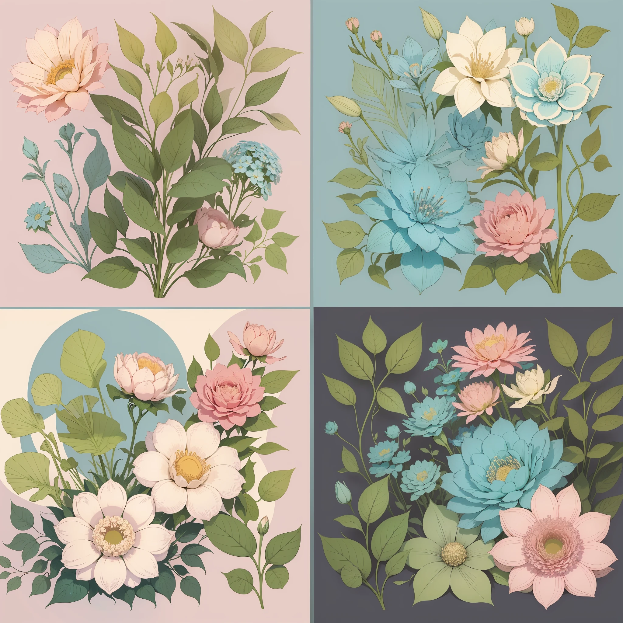 Set pattern of large flowers with plants and vines, defined shape, flat style, vector style, drawing style, naïve style, wallpaper style, in soft pastel colors such as old pink, pastel blue, light blue, beige, pastel violet, pastel yellow and white. No shadows in the images.