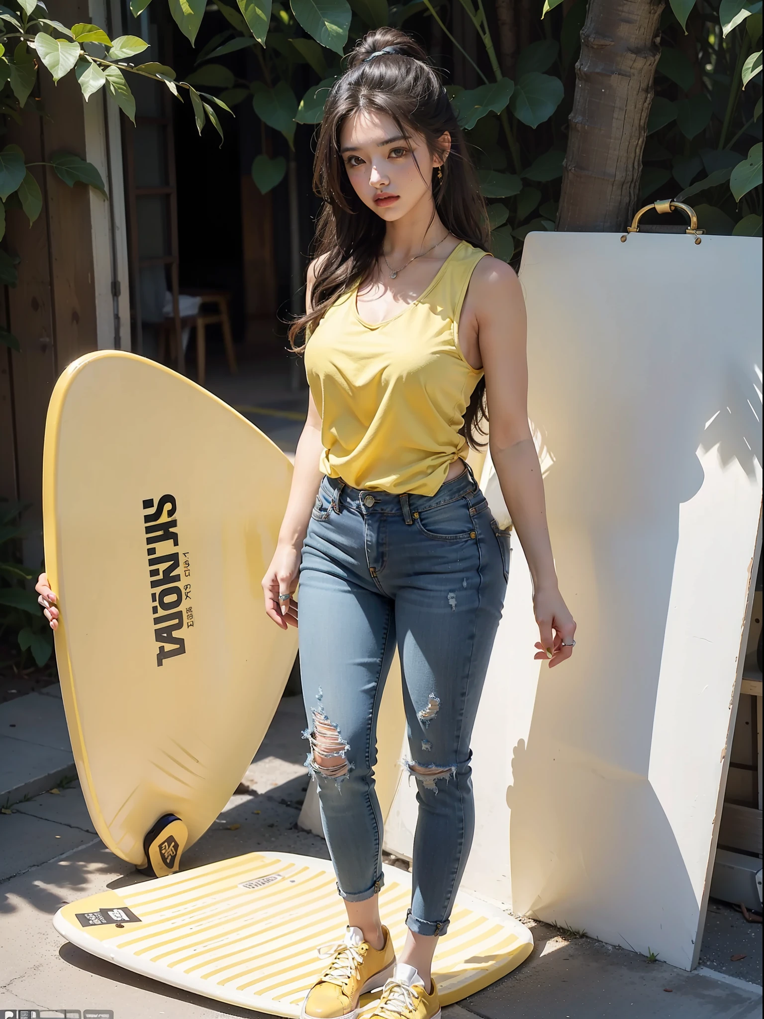 (Female: 1.2), (Big breasts: 1.2), (Mullet head), (Ring finger diamond ring), (Yellow tunic), (Black vest), (Jeans), (Yellow board shoes), (Spring Clothes), Back, Full Body, Masterpiece, Realism