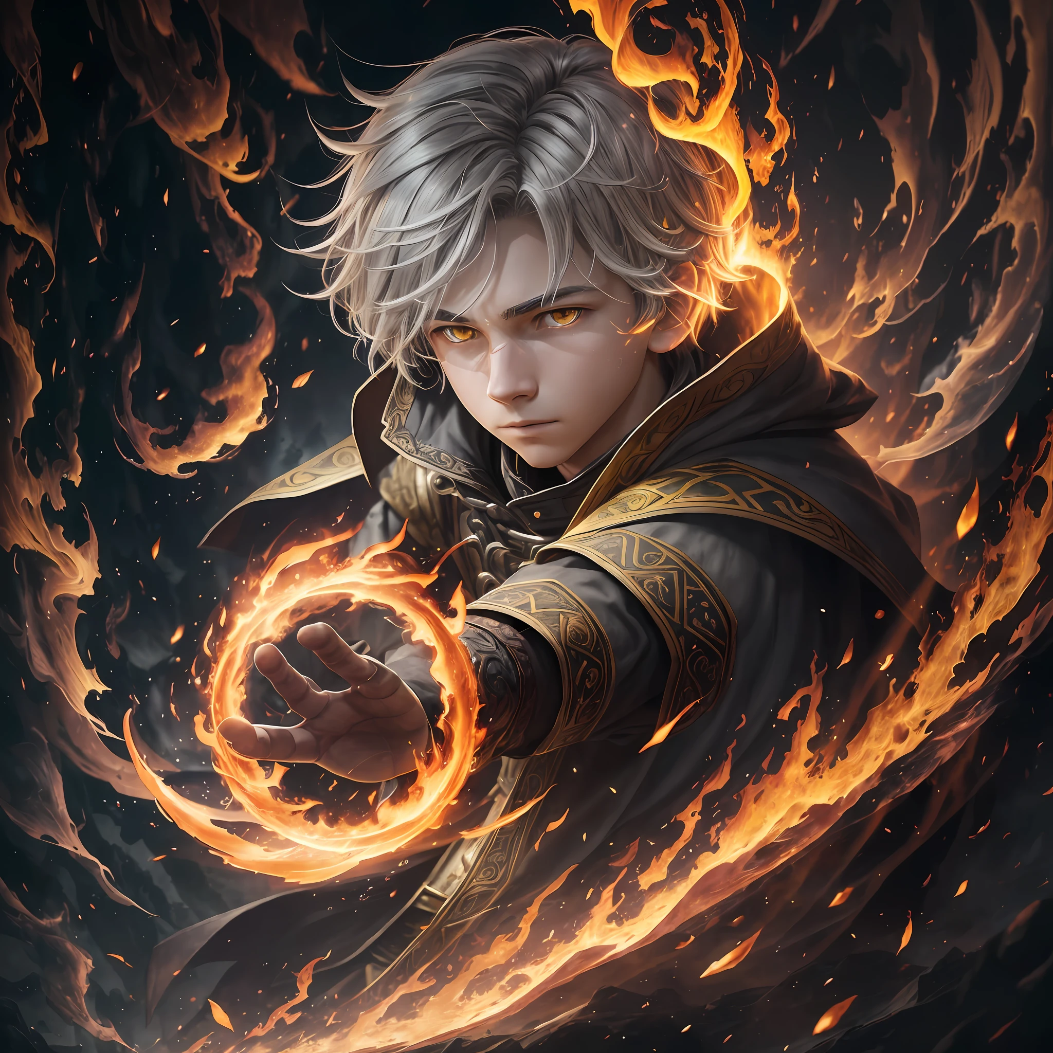 Drawing, Fantasy, Realism, Epic Lighting, Cinematic Composition, Isometric, 13 Year Old Boy, Light Gray Hair, Yellow Eyes, Sleeves Covered with Fire, (rich in detail), Masterpiece, Tyndall Effect, (Balance and Coordination Between All Things), Fire, Fiery Breeze, Particle Effects, Flame, (8k:1.1) --auto --s2