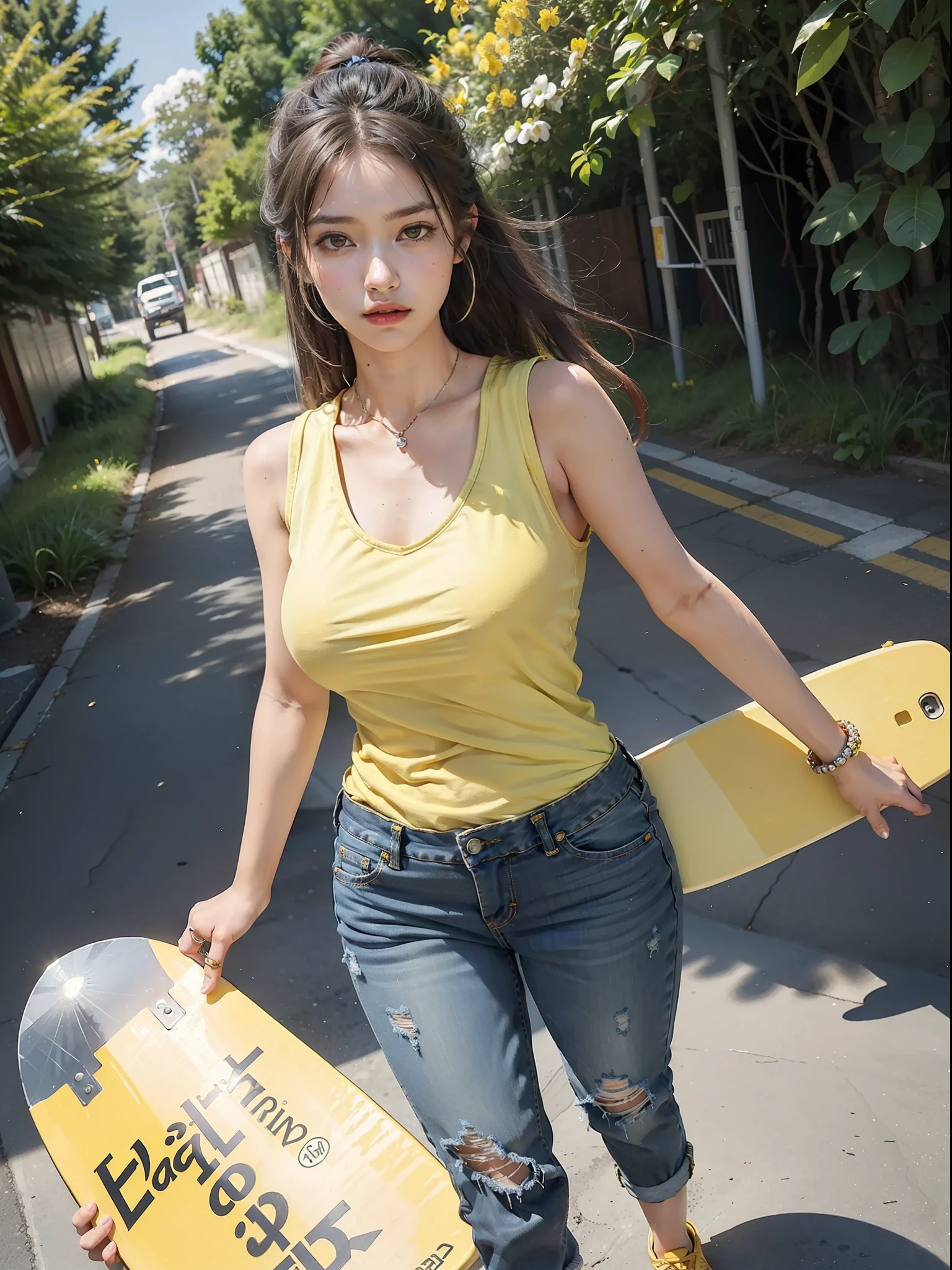 (Female: 1.2), (Big breasts: 1.2), (Mullet head), (Ring finger diamond ring), (Yellow tunic), (Black vest), (Jeans), (Yellow board shoes), (Spring Clothes), Back, Full Body, Masterpiece, Realism