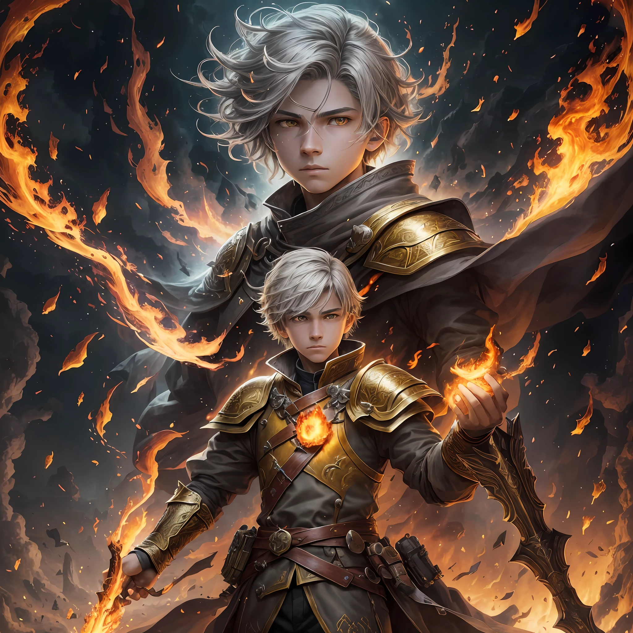 Drawing, Fantasy, Realism, Epic Lighting, Cinematic Composition, Isometric, 13 Year Old Boy, Light Gray Hair, Yellow Eyes, Sleeves Covered with Fire, (rich in detail), Masterpiece, Tyndall Effect, (Balance and Coordination Between All Things), Fire, Fiery Breeze, Particle Effects, Flame, (8k:1.1) --auto --s2