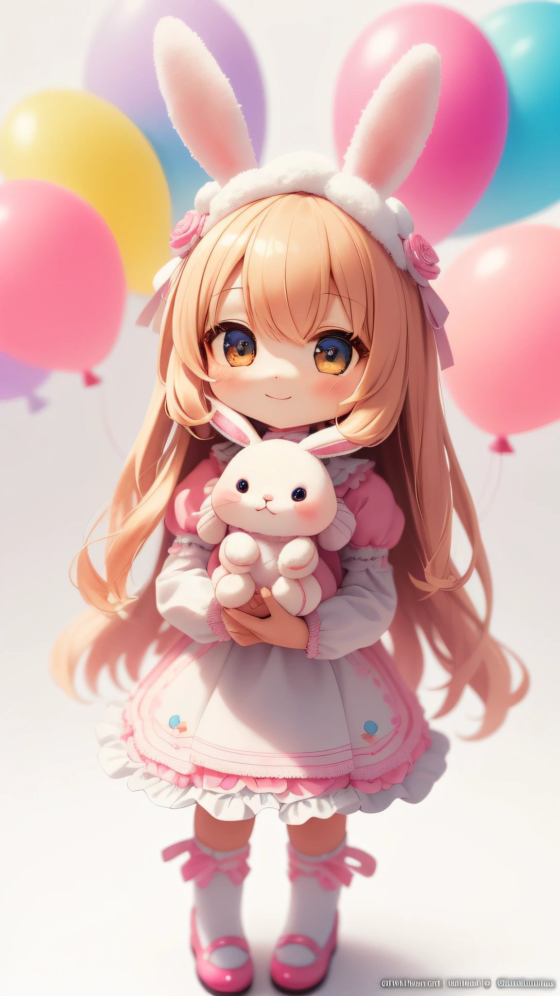 Bunny morphing cute girl, fluffy, soft ((best quality)), ((masterpiece)), ( extreme detail, highest detail, official art, beauty and aesthetics: 1.2), depth of field, composition, full body, (chibi), (beautiful and detailed eyes: 1.3), (very happy: 1), colorful small balloons blurred background