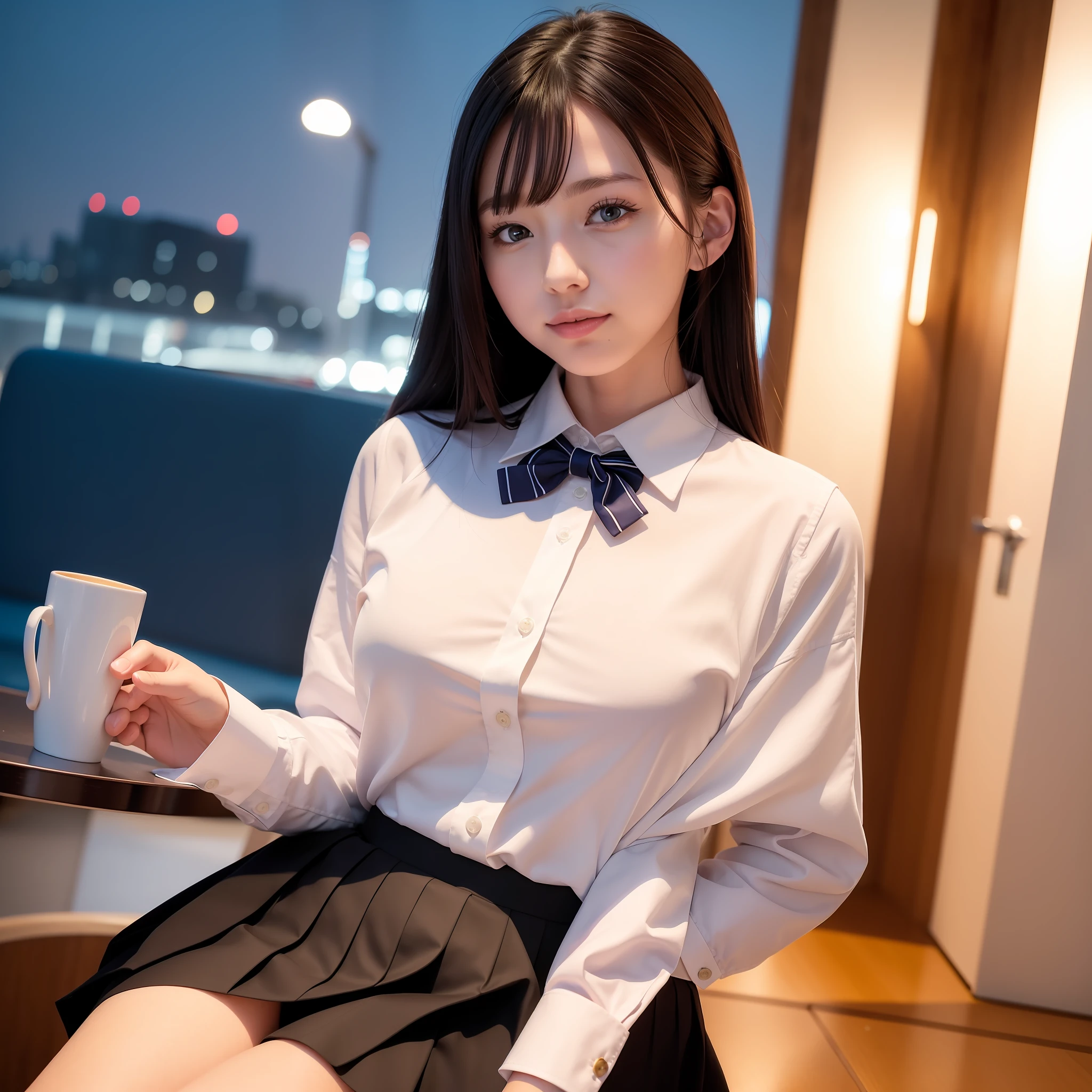 (8k, RAW photo, best quality, masterpiece: 1.2), (realistic, photo-realistic: 1.37), ultra-detailed, 1 girl, cute, solo, beautiful detailed sky, detailed coffee, night, sitting, dating, (flushed nose), (smile: 1.1), (mouth closed), medium breasts, beautiful detailed eyes, (collared shirt: 1.1), bow tie, pleated skirt,