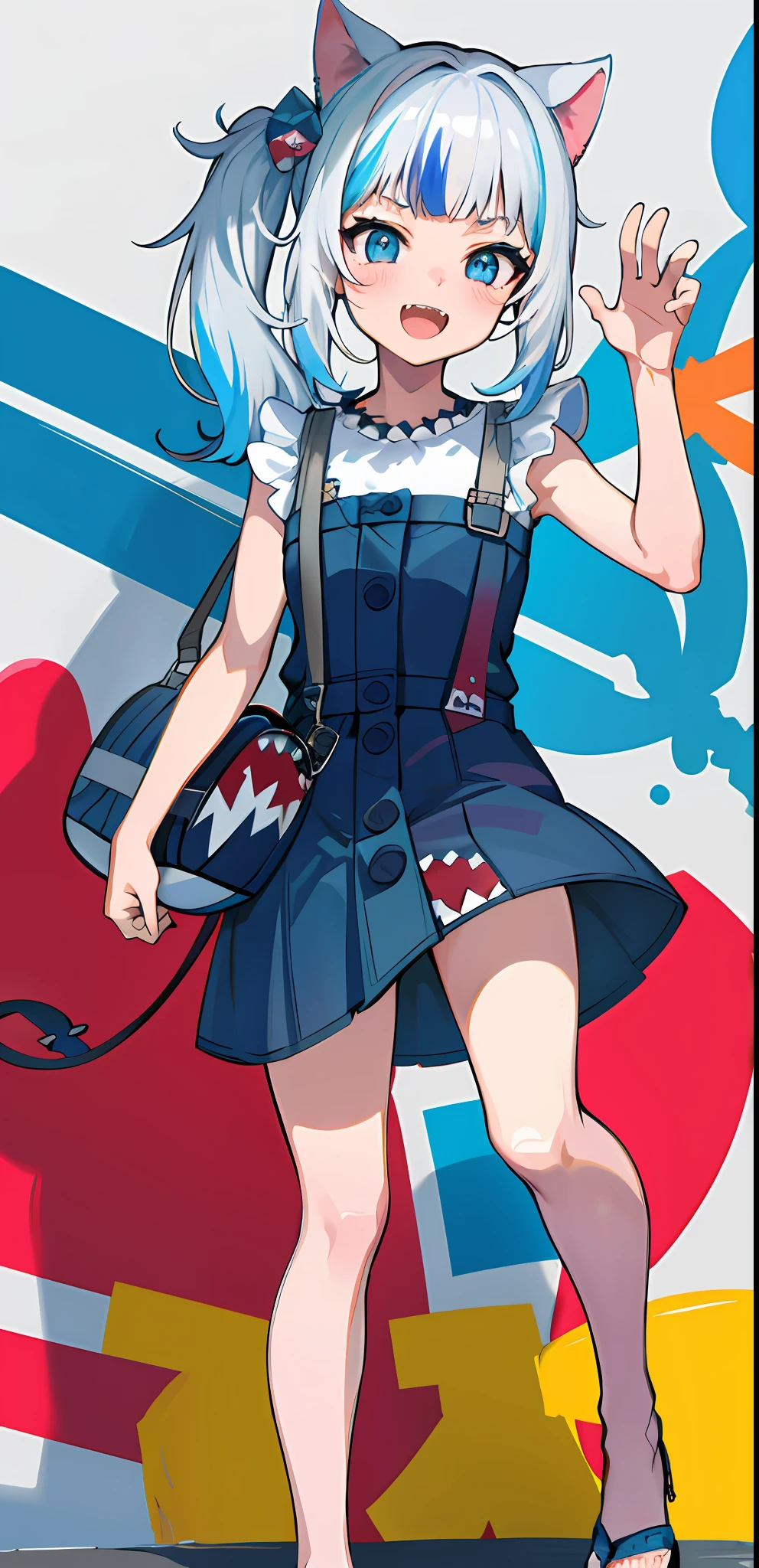 masterpiece, high quality, houshouBikini, highres, absurdres, ultra-detailed, detailed eyes, 8k, ti-emb_kobo-kanaeru, 1girl, colorful eyes, fangs, open mouth, bangs, colorful background, looking at viewer, vibrant, contrast, gradient hair, happy, graffiti wall background, water splash, close up, small breast, 2d, masterpiece, best quality, anime, highly detailed, full body, 1girl, solo, gura_neko, blue dress, cat ears, side ponytail, cube hair ornament, sandals, :d, sharp teeth, shark tail, shoulder bag, shore town