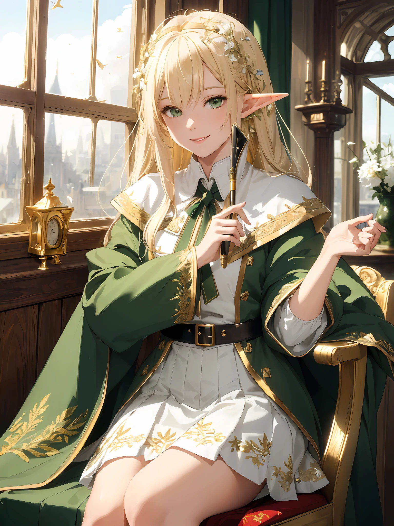 (((Masterpiece, highest quality, high definition, high detail)))), one, ((Elf woman))), (white short skirt with gold embroidery), (blonde long straight hair), (glossy dark green eyes), (green surcoat embroidered with gold), big, (cityscape of the fortified city)), (sitting on a chair in the inn)), ((looking out the window)), (swaying curtains), tilting the head, smiling, ((( cheek cane)), breeze, light particles flying