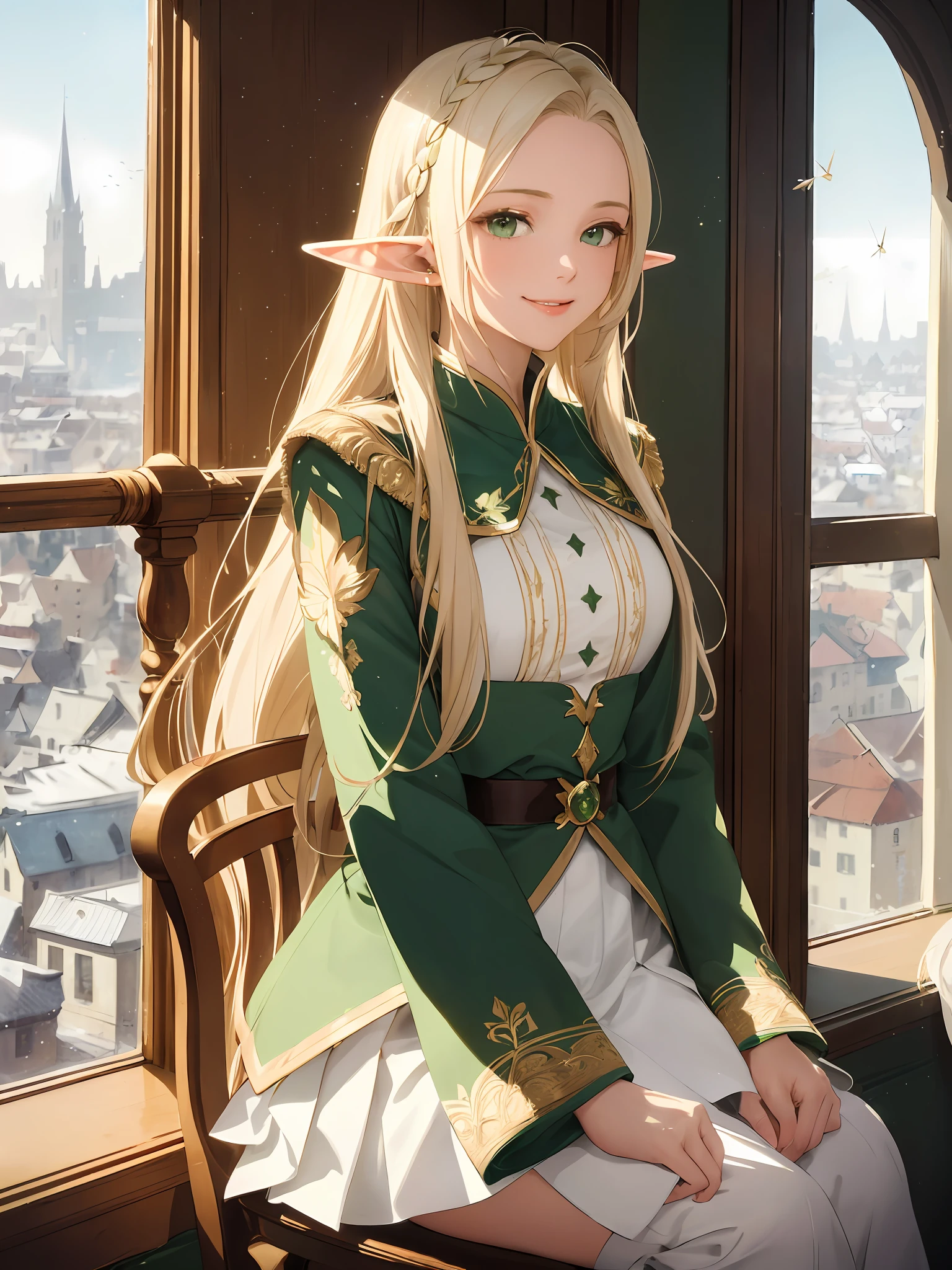 (((Masterpiece, highest quality, high definition, high detail)))), one, ((Elf woman))), (white short skirt with gold embroidery), (blonde long straight hair), (glossy dark green eyes), (green surcoat embroidered with gold), big, (cityscape of the fortified city)), (sitting on a chair in the inn)), ((looking out the window)), (swaying curtains), tilting the head, smiling, ((( cheek cane)), breeze, light particles flying