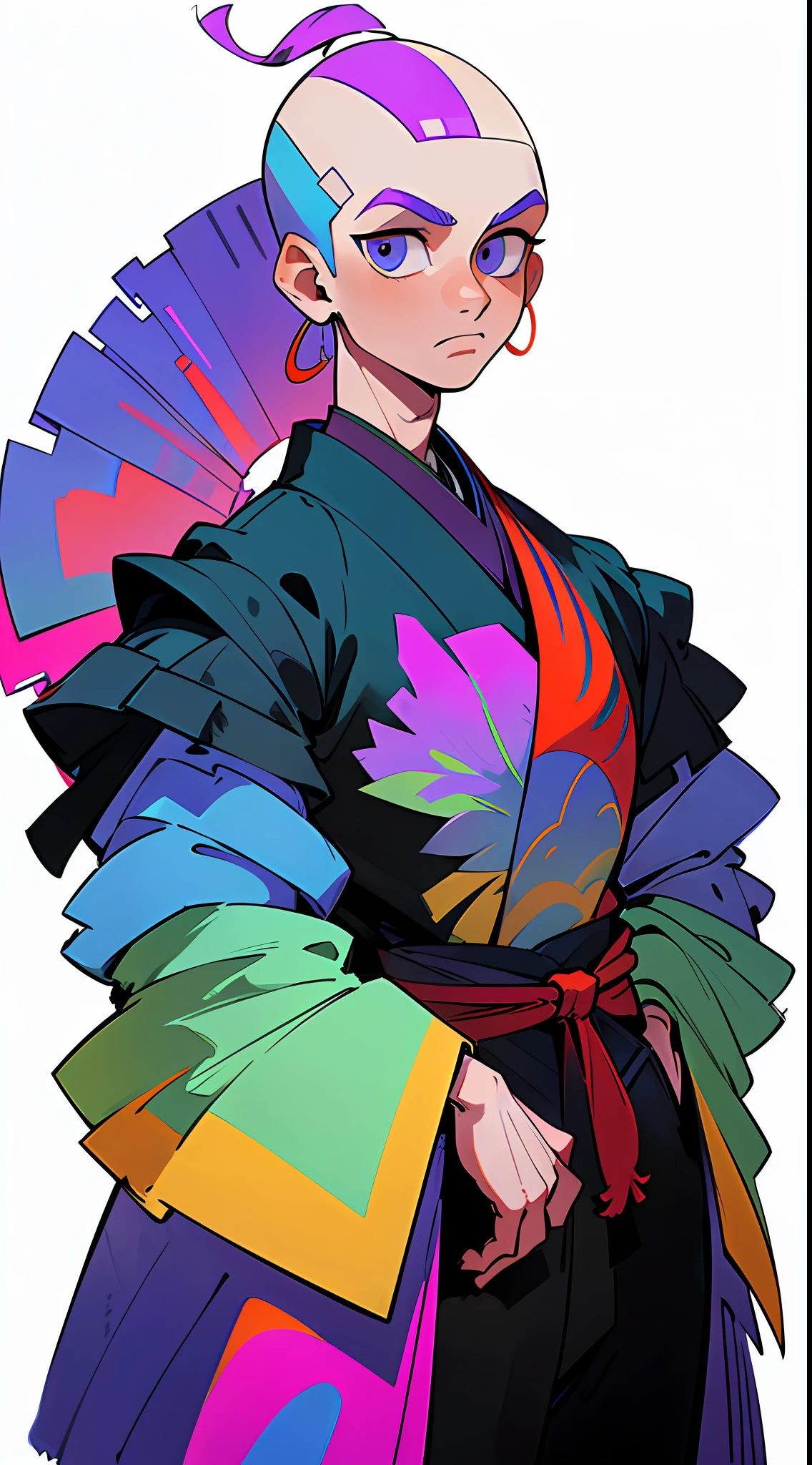 ((frontal face,front view)),upper body, colorful cyber kimono,((32k, 8k, masterpiece,high quality)), a man,((skin head)),((upright)), solo,1man,cowboy shot,full body,looking at biewer,((white background,simple background))