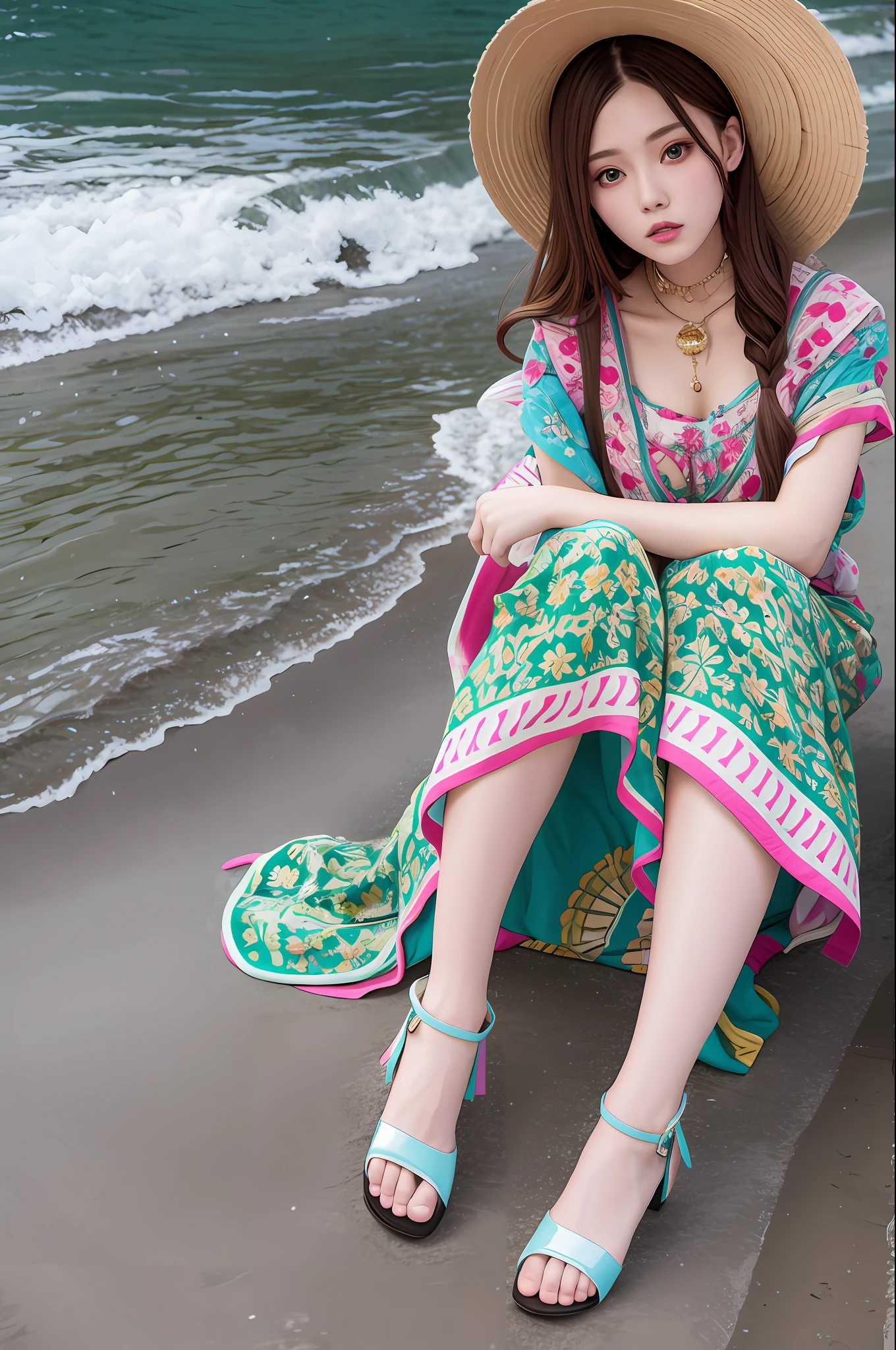 Top Quality, Ultra High Definition, (Realistic: 1.4), (Detailed Beautiful Girl: 1.4), (Detailed Beauty: 1.4), (Medium: 0.8), Viewer, Detailed Facial Details, Beautiful and Detailed Eyes, (Red Hair | Pink), Green Eyes, Smile (Makeup: 0.4), Red Lips, (Full Body, Seated, Beach), Highly Detailed Clothing, (ulzzang-6500-v1. 1:0.3) \ Full Body
