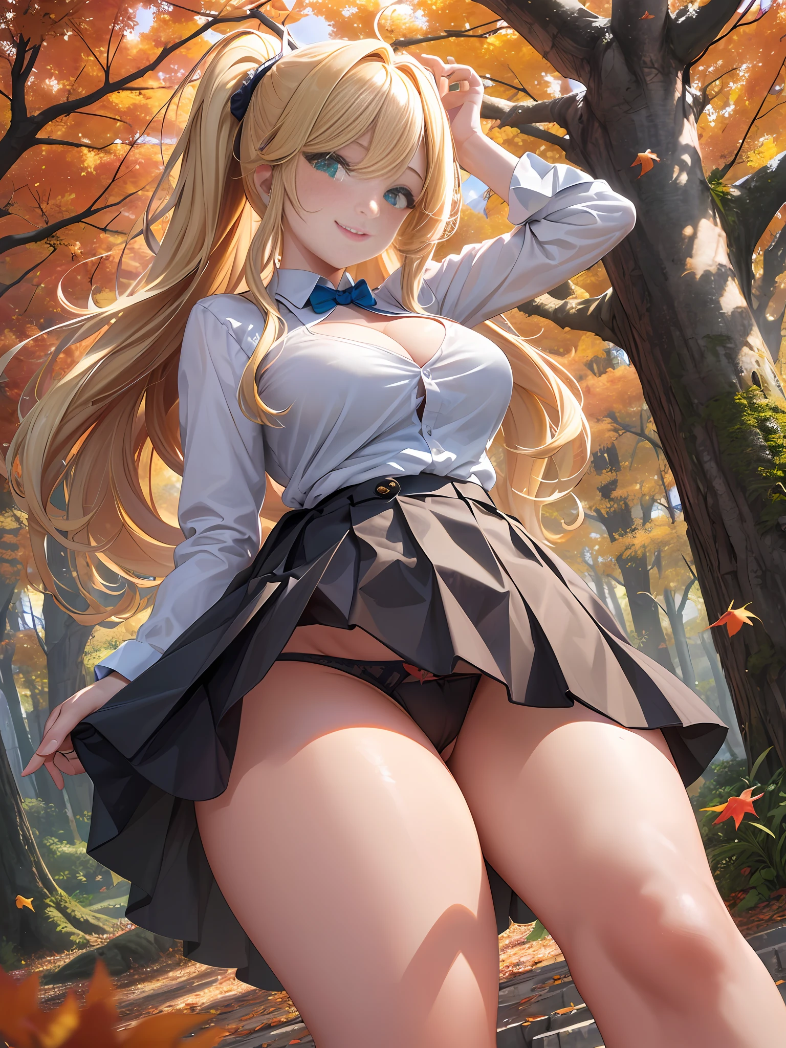 Masterpiece, Best Quality, Official Art, (Highly Detailed CG Unity 8k wallpaper), Detailed background, (Hands by Guido Daniele: 1.1), Feet out of frame, First Person View, 1, Attractive and Perfect Beautiful Woman, Schoolgirl, JK, Schoolgirl Uniform, Autumn, Autumn Leaves, Wind Blowing, (((Show Ass, Protrude Ass, Flipping Skirt, Panties Visible))), 4 fingers and 1 thumb optimal proportions of the book, (curvaceous), (white thighs: 1.12), (blonde long hair: 1.12), (ahoge: 1.13), (high ponytail: 1.12), (green eyes: 1.13), looking at the viewer, big, (cleavage), beautiful face, (blush: 1.11), (smile: 1.11)