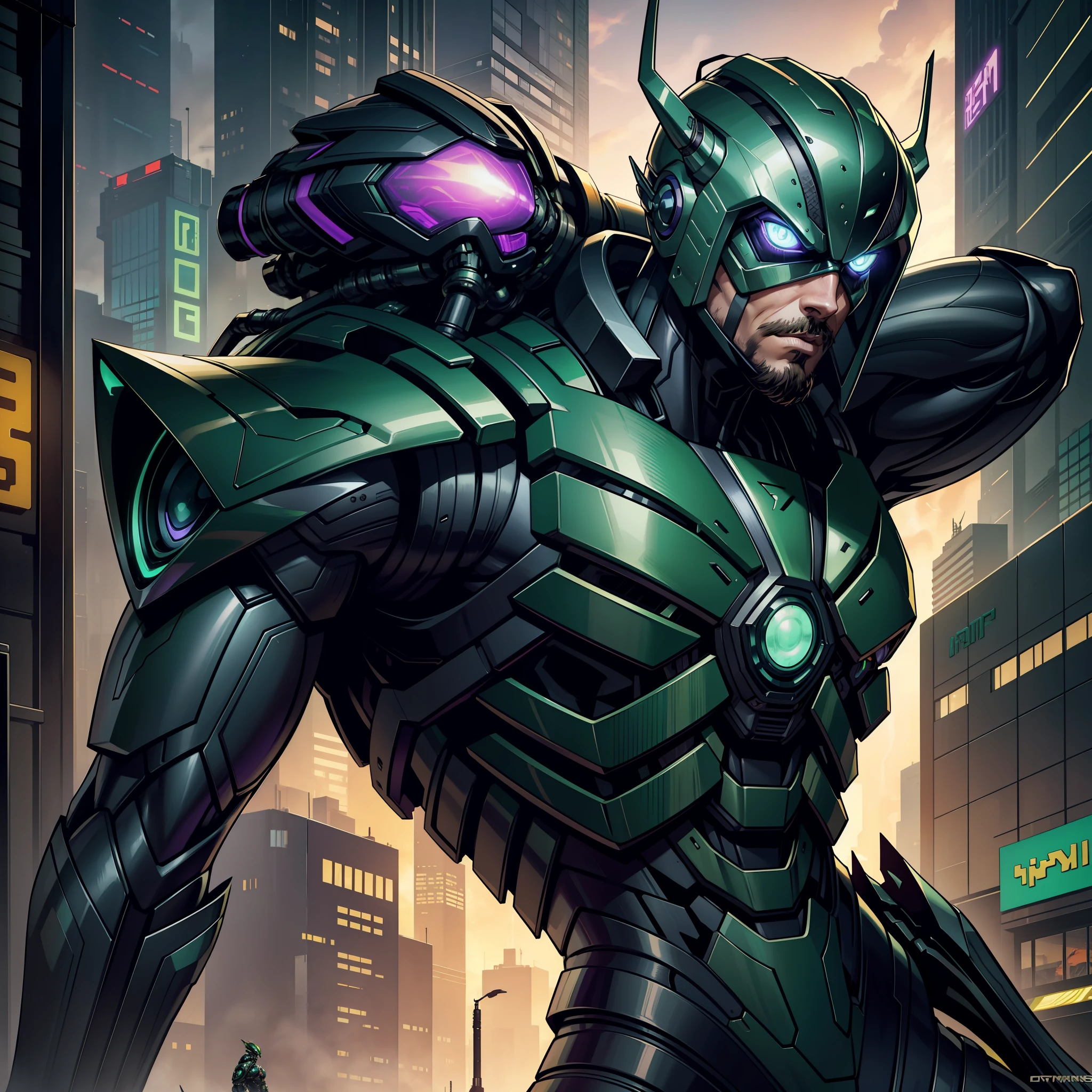 "(bioarmor symbiote mantis metallic green and purple cyberpunk:1) (1man) dark theme :: focus on face closeup, face Brad Pitt, serious face, ultra realistic futuristic cyberpunk tall athletic man jumping over cyberpunk buildings :: medium blonde hair :: mustache and goatee :: cool cybernetic mantis theme bioarmor :: mantis helm :: natural lighting :: bokeh :: 8k :: best quality :: masterpiece :: insanely detailed:1.5"