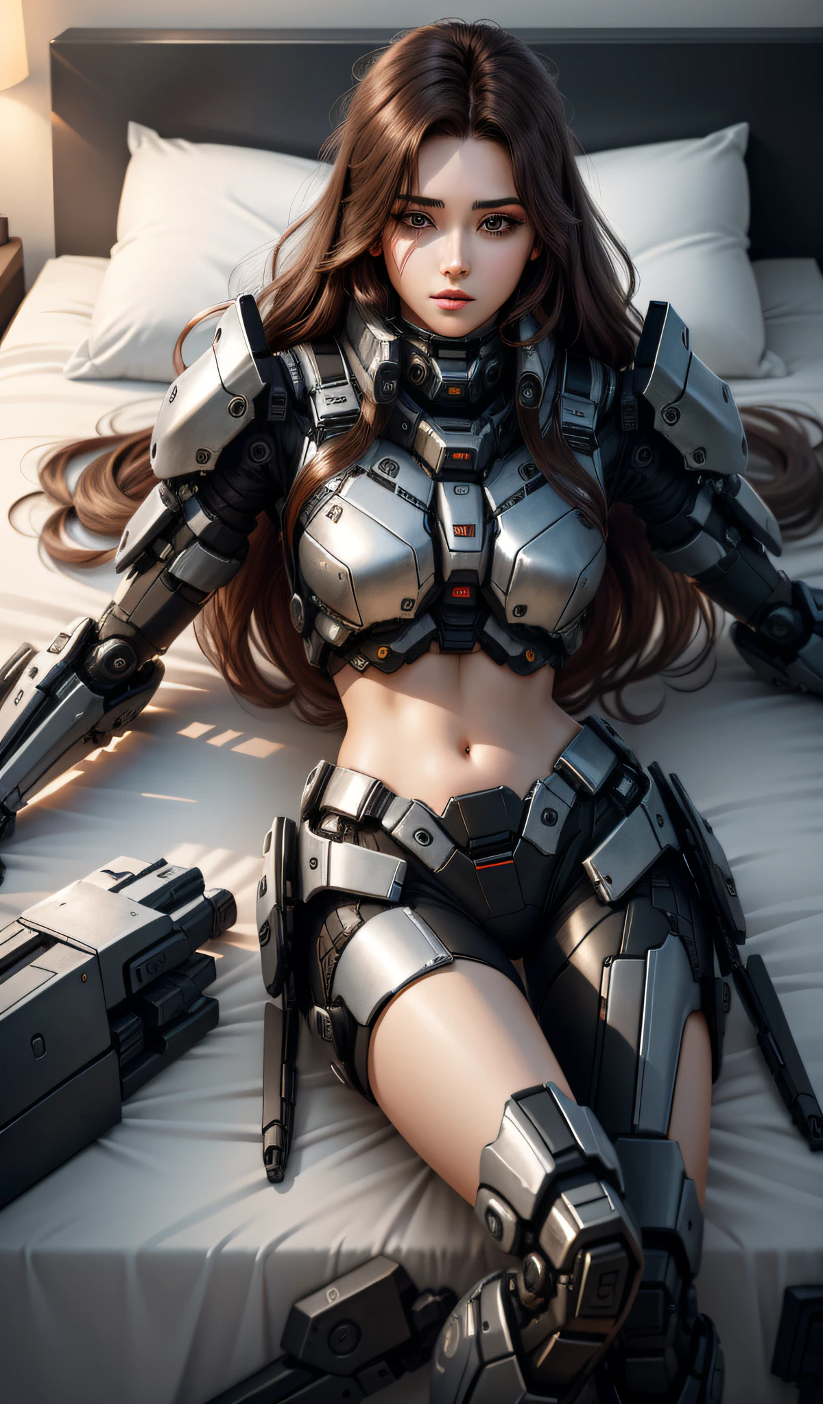 A woman lying on a bed, (lying on a bed), 22 years old, realistic, she is wearing a black futuristic mech , brown hair, 22 years old, realistic, she is wearing a black futuristic mech , brown hair.