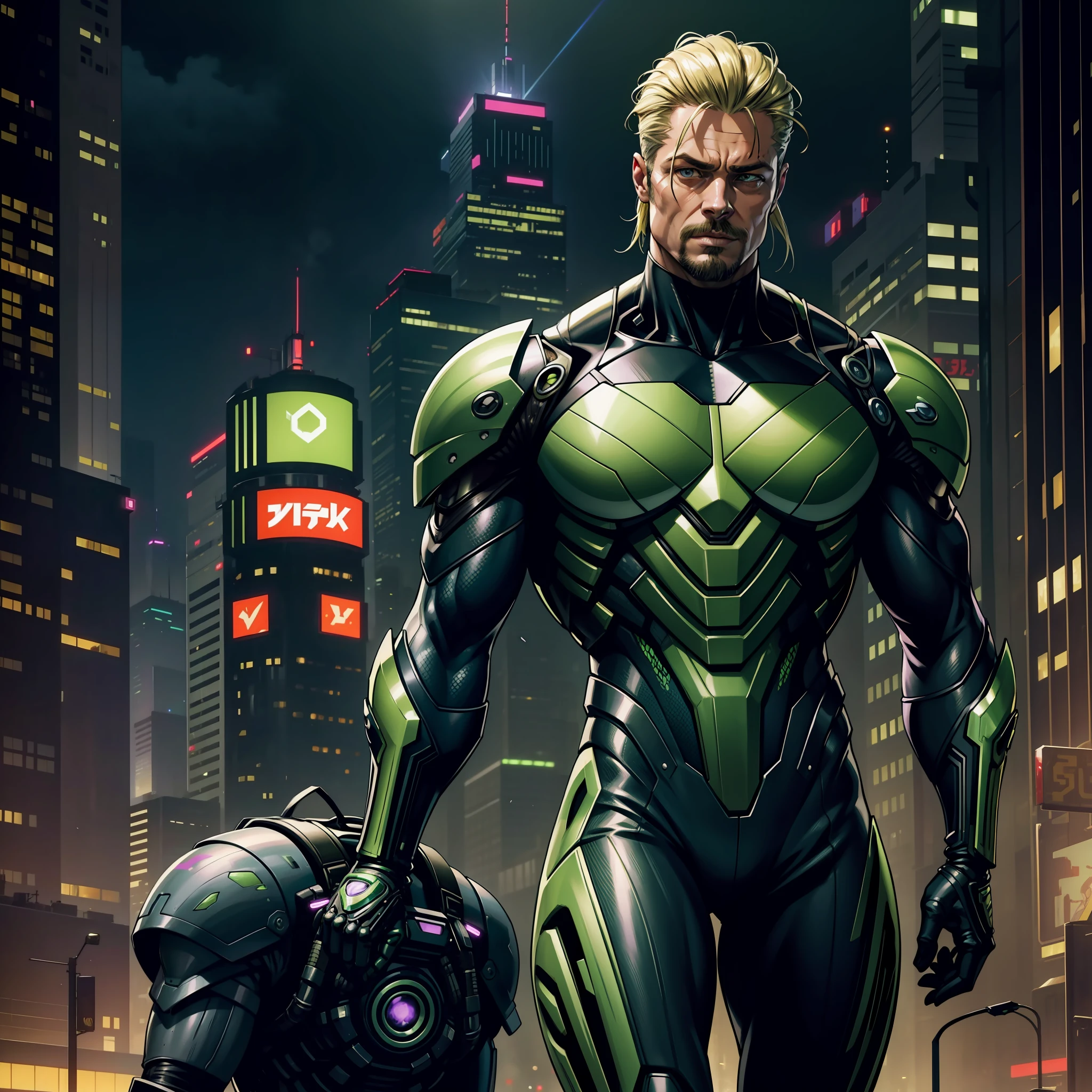 "(bioarmor symbiote mantis metallic green and purple cyberpunk:1) (1man) dark theme :: focus on face closeup, face Brad Pitt, serious face, ultra realistic futuristic cyberpunk tall athletic man jumping over cyberpunk buildings :: medium blonde hair :: mustache and goatee :: cool cybernetic mantis theme bioarmor :: mantis helm :: natural lighting :: bokeh :: 8k :: best quality :: masterpiece :: insanely detailed:1.5"