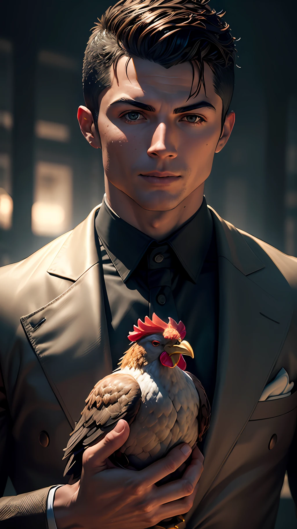 Cristiano Ronaldo holding chicken, 8k, high definition, detailed face, detailed face, detailed eyes, hyper-realistic, + cinematic shot + dynamic composition, incredibly detailed, sharpness, details + night with light + perfectionism + award-winning realism ((ambient lighting))