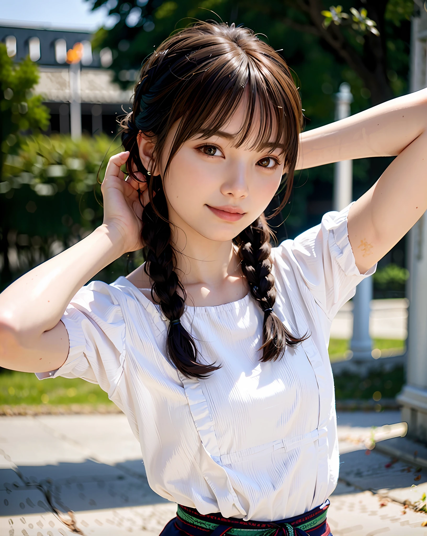 Top Quality, 1 girl, (Skindentation), (Small breasts), (Sun), Bright, Blurred background, Outdoors, (Street: 0.6), (People, Crowd: 1), (Braided bangs, Wavy hair: 1.5), (Blouse: 1.5), Gorgeous (Floating hair: 1.5), (Dynamic poses: 0.8), Soft lighting, Wind, Garden,