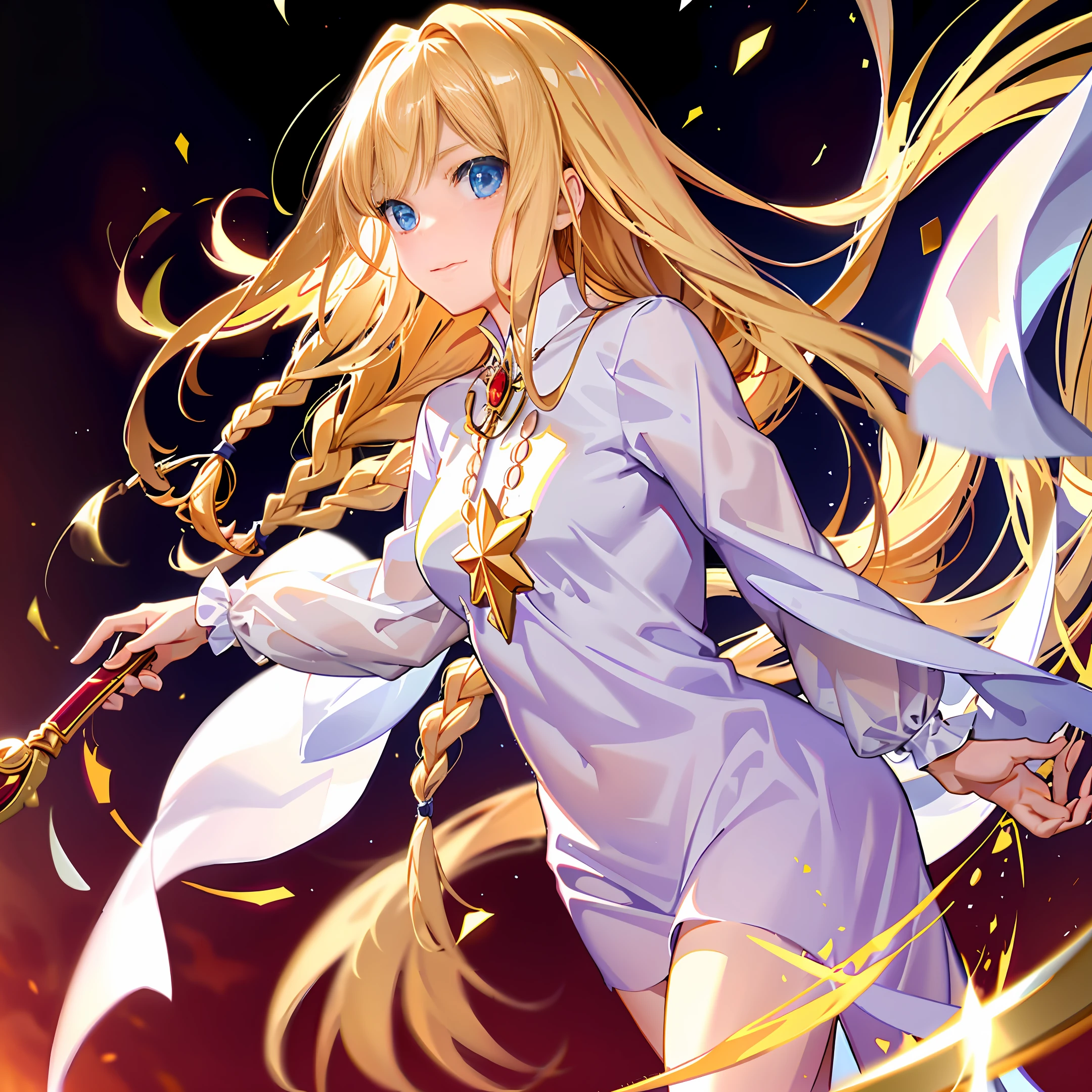 , long blond hair, long braided, infernal girl, satin withe dresses, anime style, fire particles, fire adction, fire power