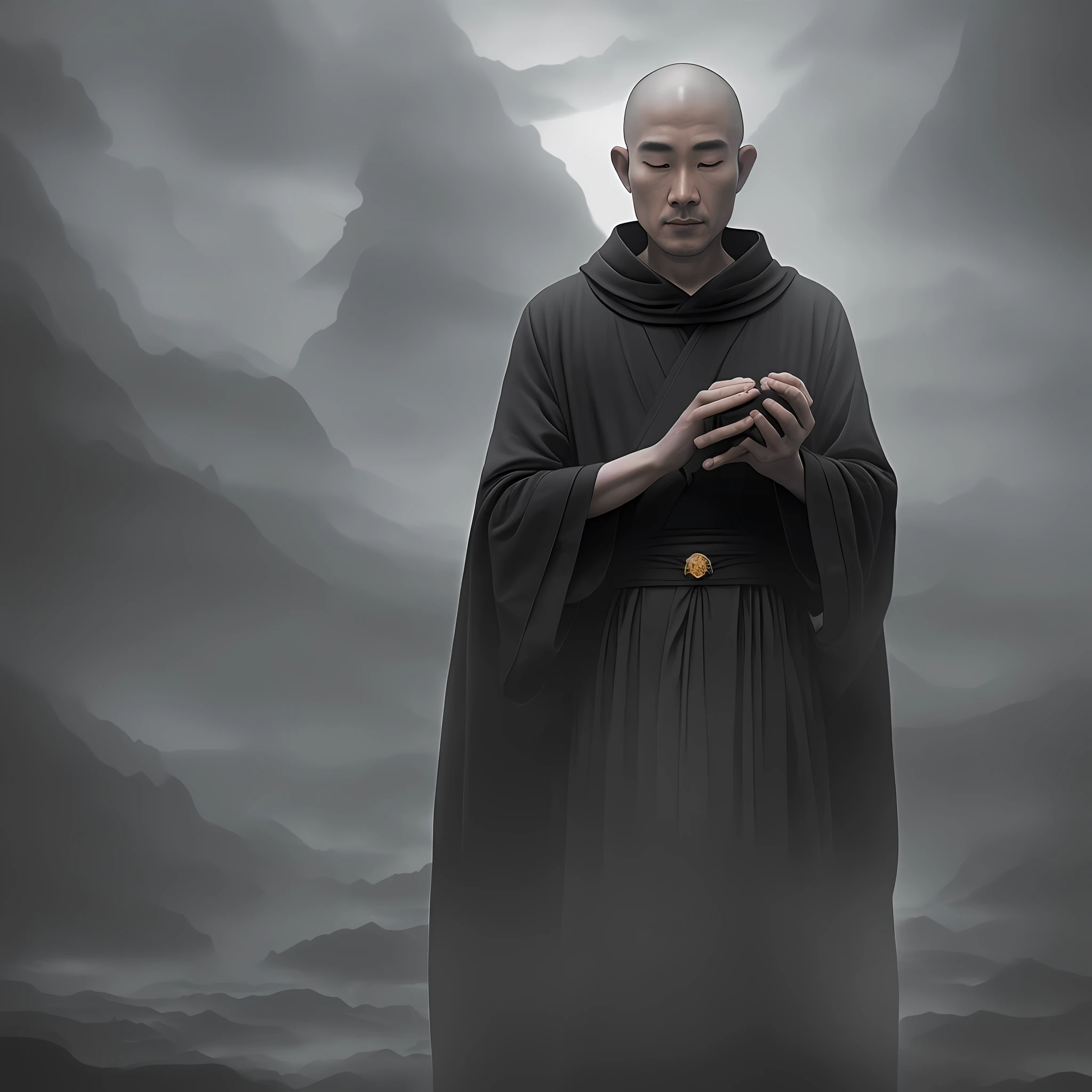 man Monk in robe prays in lotus pose, by Fang Congyi, fantasy art, (dark atmosphere:1.5), cinematic, intricate, dof