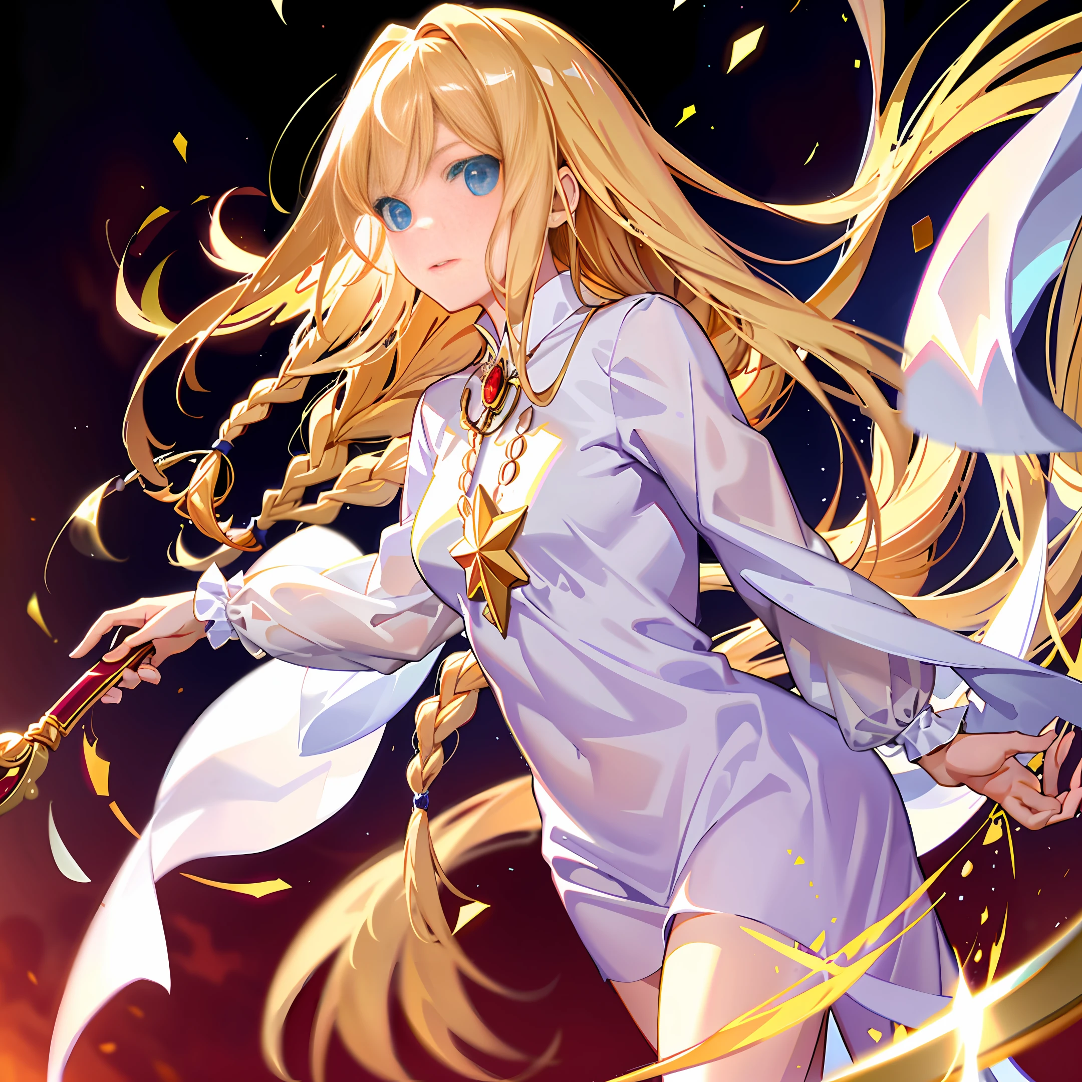 , long blond hair, long braided, infernal girl, satin withe dresses, anime style, fire particles, fire adction, fire power