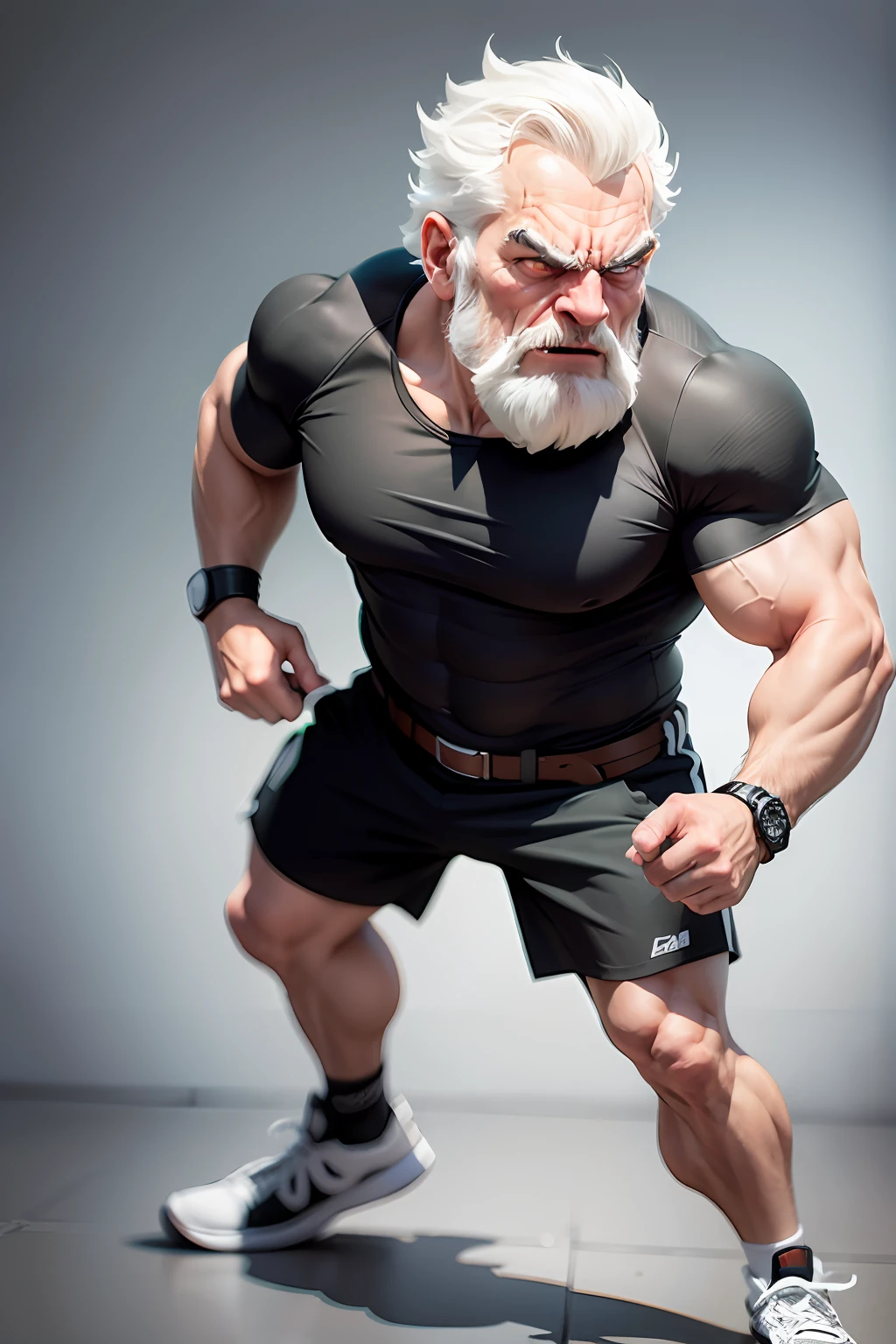 Create a 3D and 8K cartoon of an angry, full-body, well-muscled old man in a black and white shirt. Make sure the resulting image has a cartoonish look, with vibrant colors and smooth edges. Add details to give the old man an angry look, such as furrowed brows and a tight mouth. Make sure that the black shirt striped with white is an important element of the image, and add details to make it attractive and interesting. Add textures and details to make the image more realistic, such as the appearance of the shirt texture and the appearance of the skin. Make sure the resulting image is high resolution, 8K quality." —c 10 —ar 2 --auto --s2