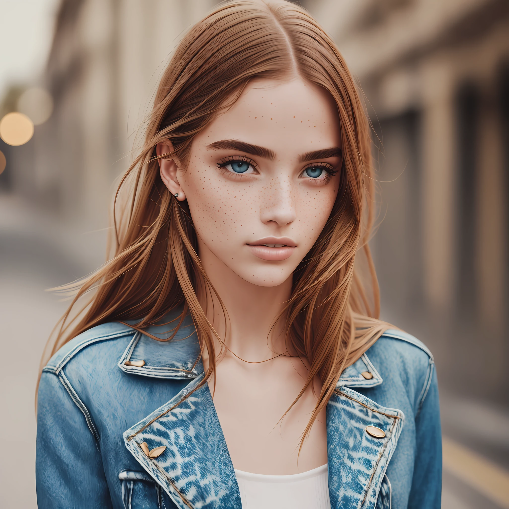most beautiful woman in the world, portrait in street with freckles, fashion editorial, studio photography, magazine photography, blurry background --auto --s2