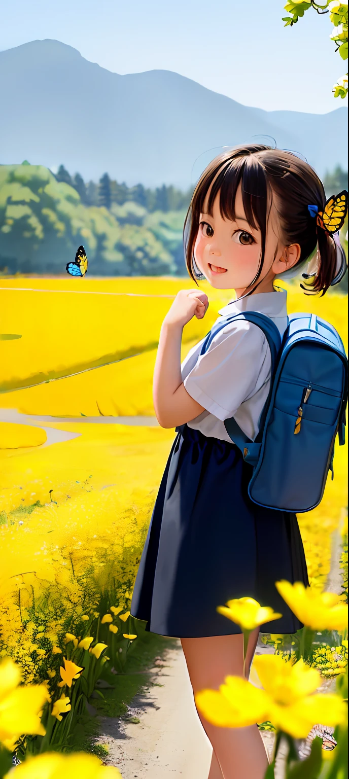 An incredibly charming  carrying a backpack, accompanied by her adorable puppy, enjoying a lovely spring outing surrounded by beautiful yellow flowers and natural scenery. The illustration is in high definition at 4k resolution, with highly-detailed facial features and cartoon-style visuals, (Butterfly Dance)