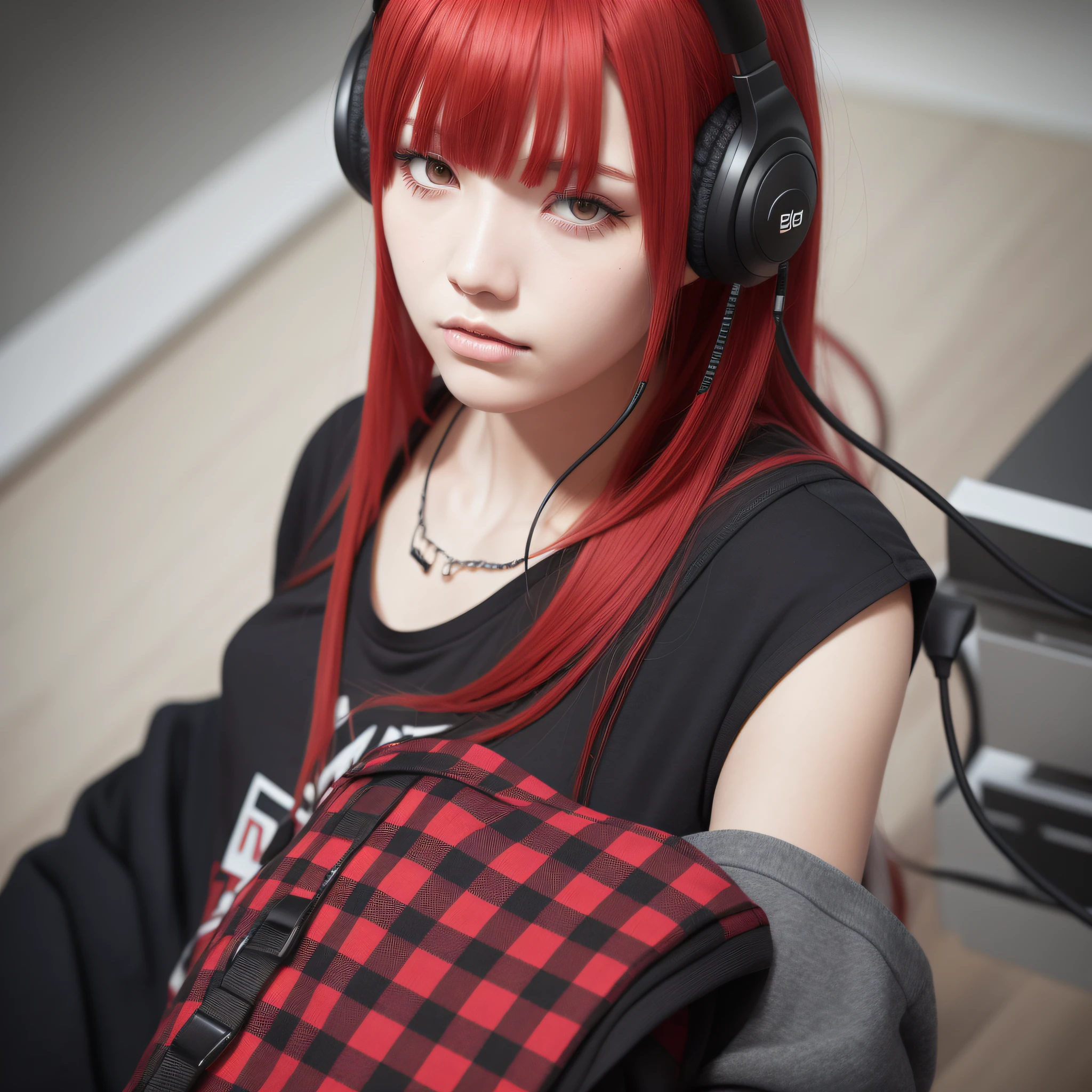 ''Emo, Emo Girl, red hair with bangs, plaid shirt, headset, black pants, high resolution, high quality