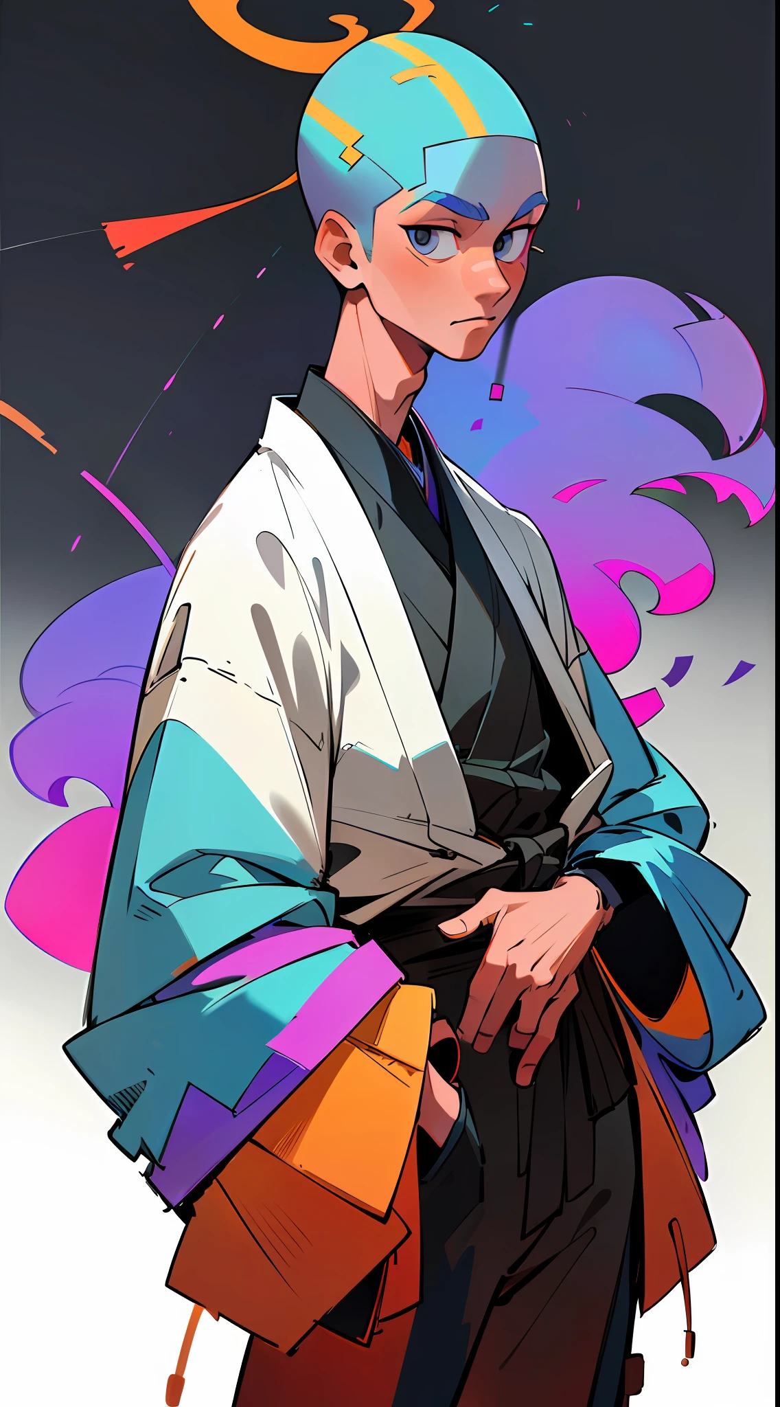 ((frontal face,front view)),upper body, colorful cyber kimono,((32k, 8k, masterpiece,high quality)), a man,((skin head)),((upright)), solo,1man,cowboy shot,full body,looking at biewer,((white background,simple background))